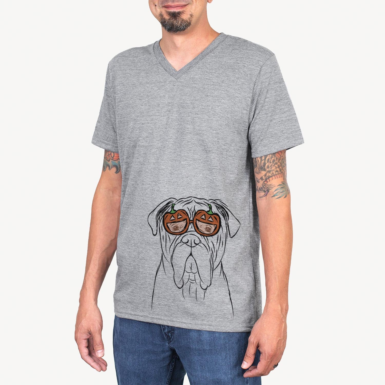 Hand-drawn sketch of Nolan the Bull Mastiff wearing pumpkin glasses on a Grey pumpkin collection