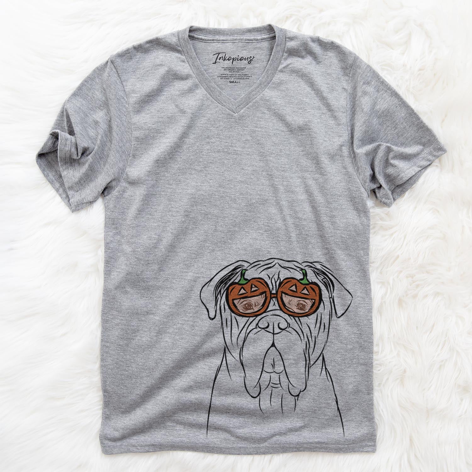 Hand-drawn sketch of Nolan the Bull Mastiff wearing pumpkin glasses on a Grey pumpkin collection