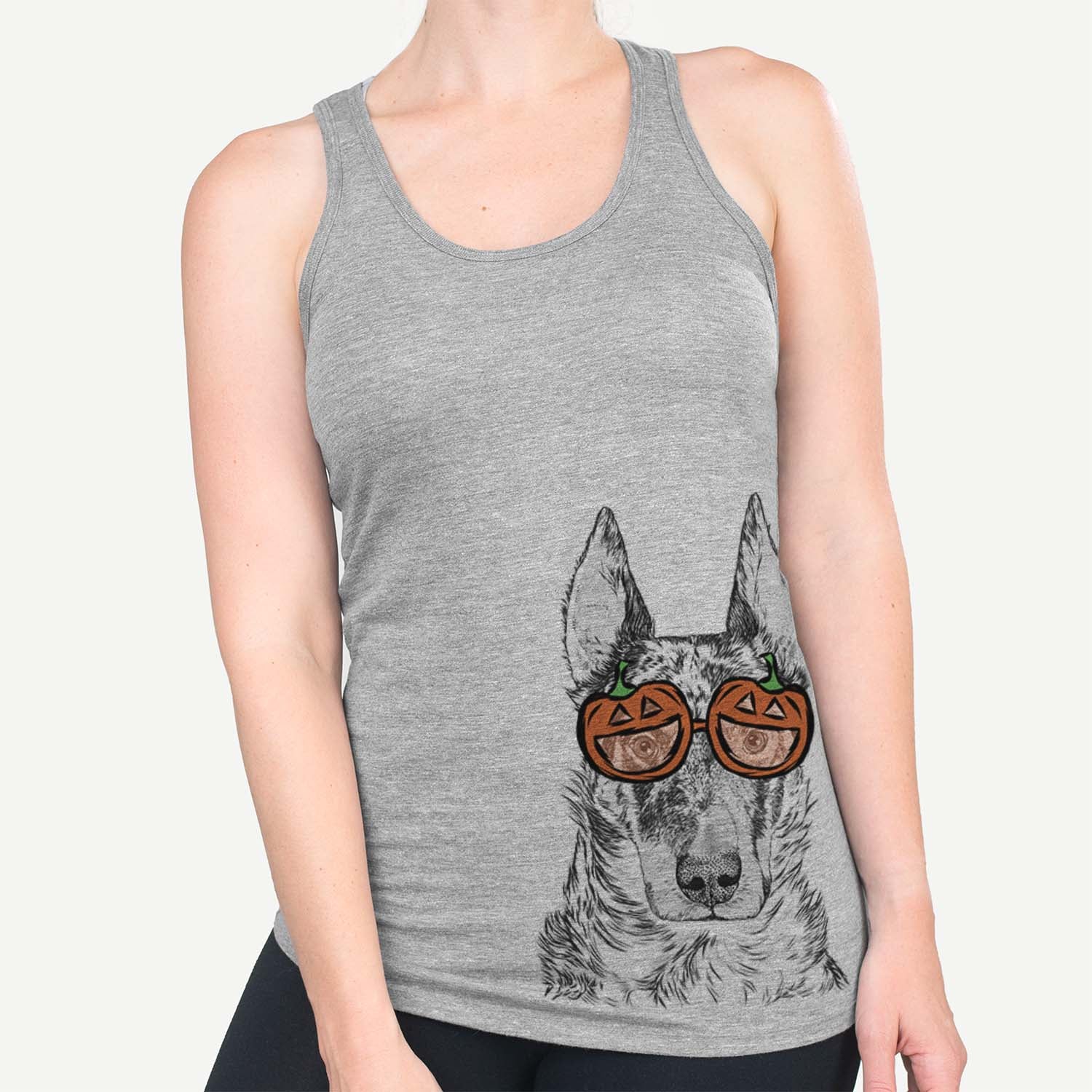 Hand-drawn sketch of Nori the Beauceron wearing pumpkin glasses on a Grey pumpkin collection