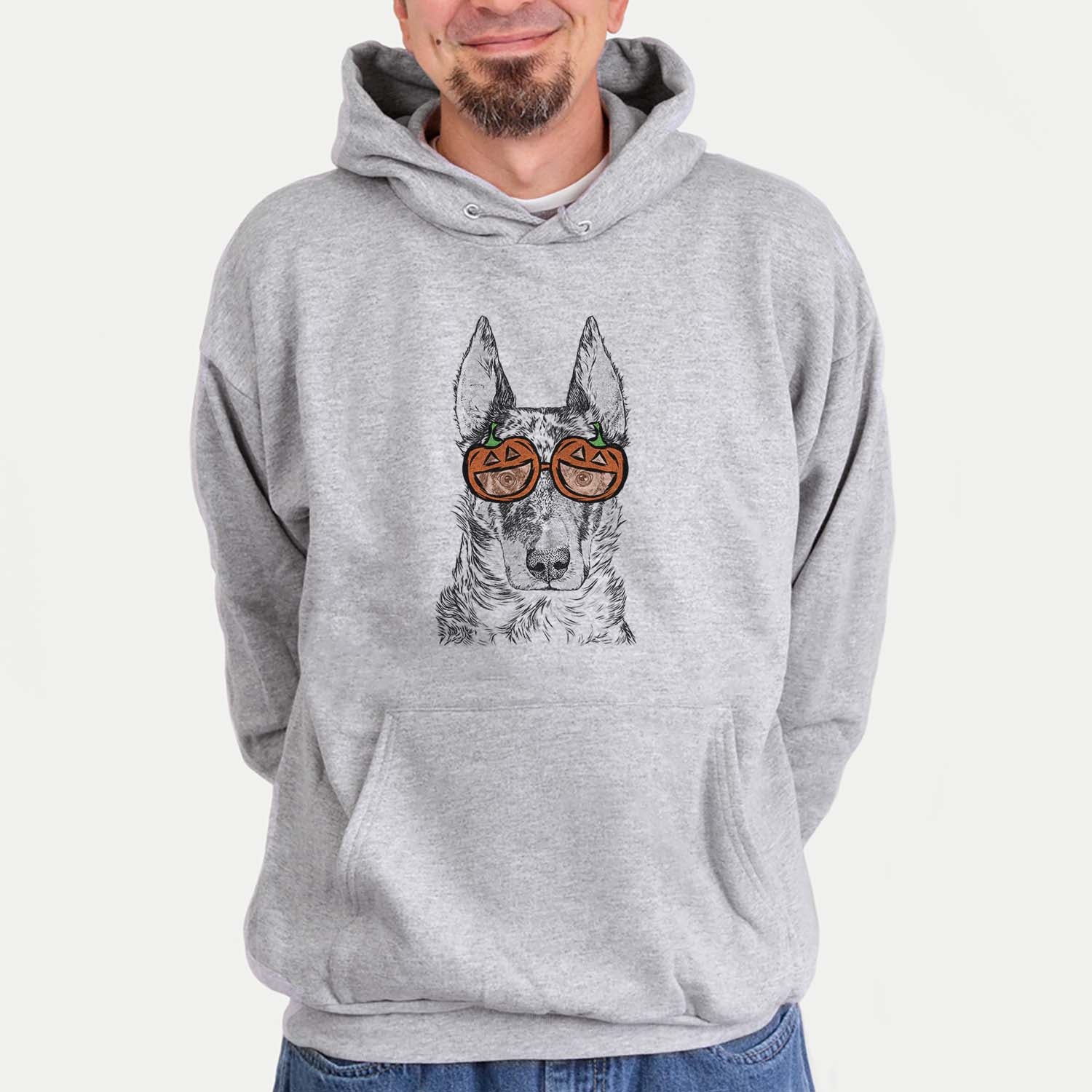 Hand-drawn sketch of Nori the Beauceron wearing pumpkin glasses on a Grey pumpkin collection, hanging on a wall