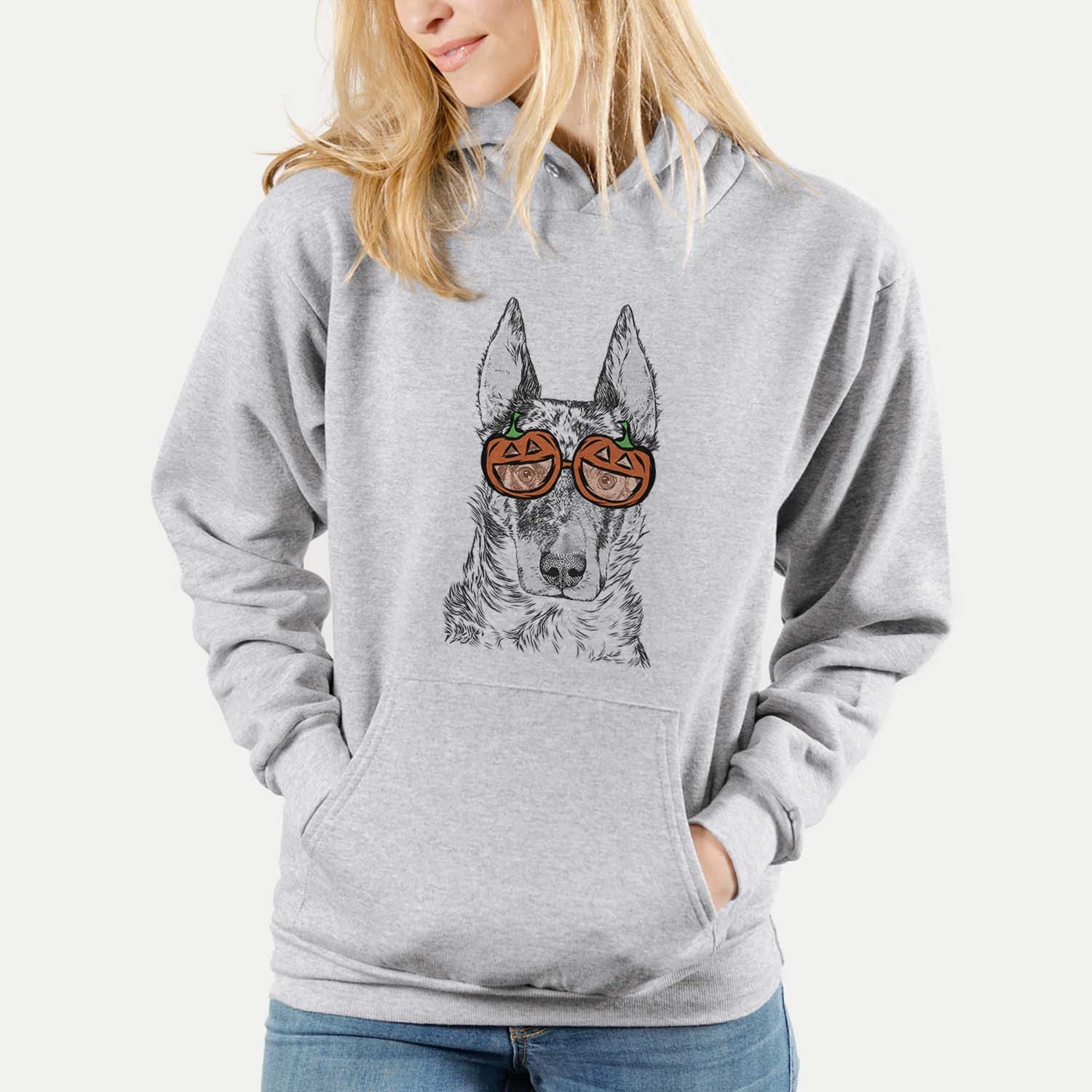 Hand-drawn sketch of Nori the Beauceron wearing pumpkin glasses on a Grey pumpkin collection
