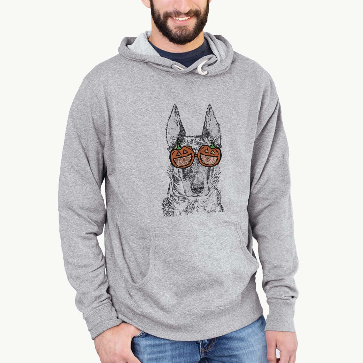 Hand-drawn sketch of Nori the Beauceron wearing pumpkin glasses on a Grey pumpkin collection