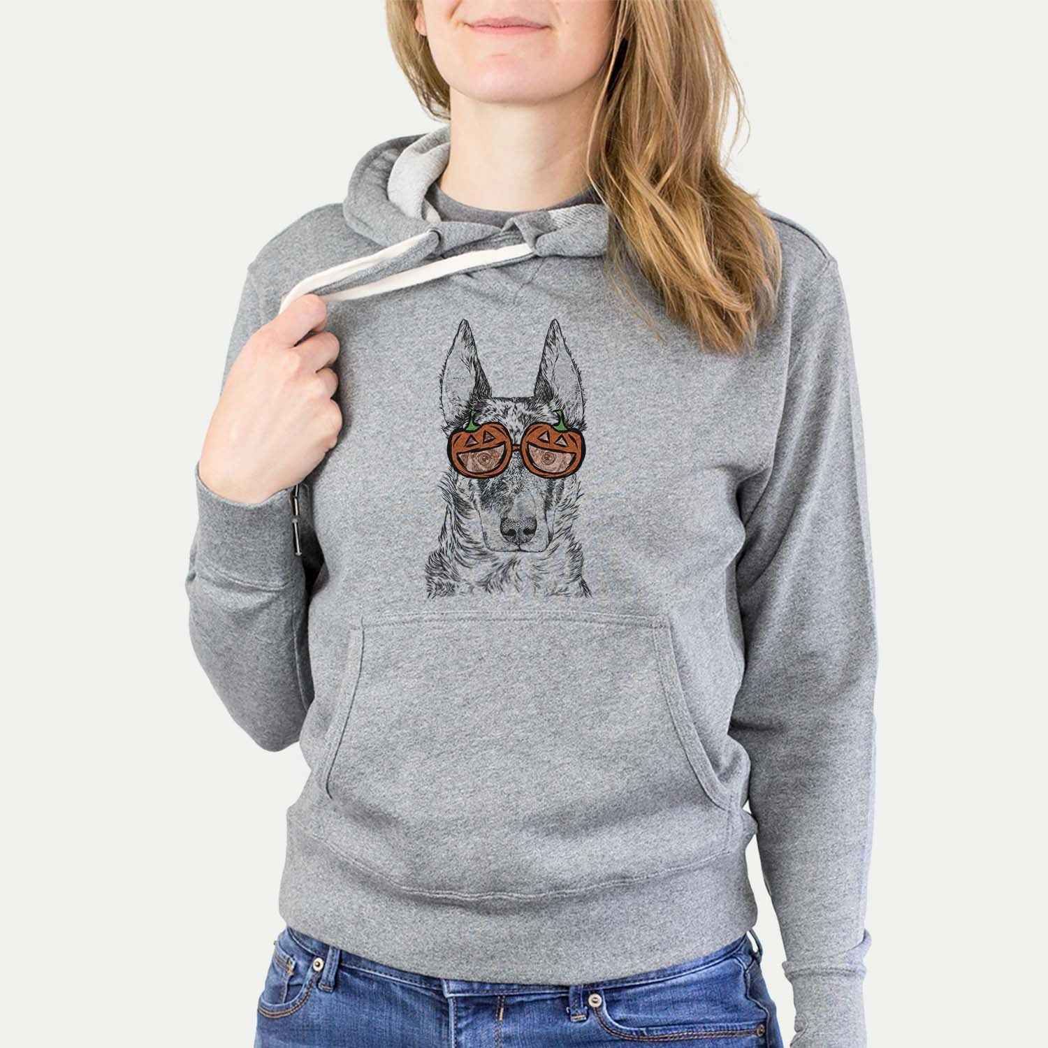 Hand-drawn sketch of Nori the Beauceron wearing pumpkin glasses on a Grey pumpkin collection, hanging on a wall