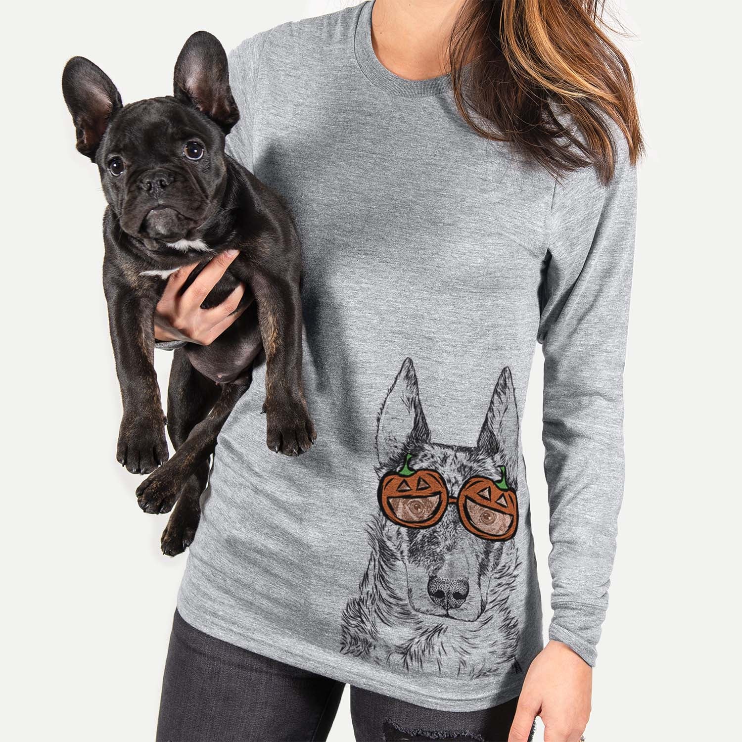 Hand-drawn sketch of Nori the Beauceron wearing pumpkin glasses on a Grey pumpkin collection