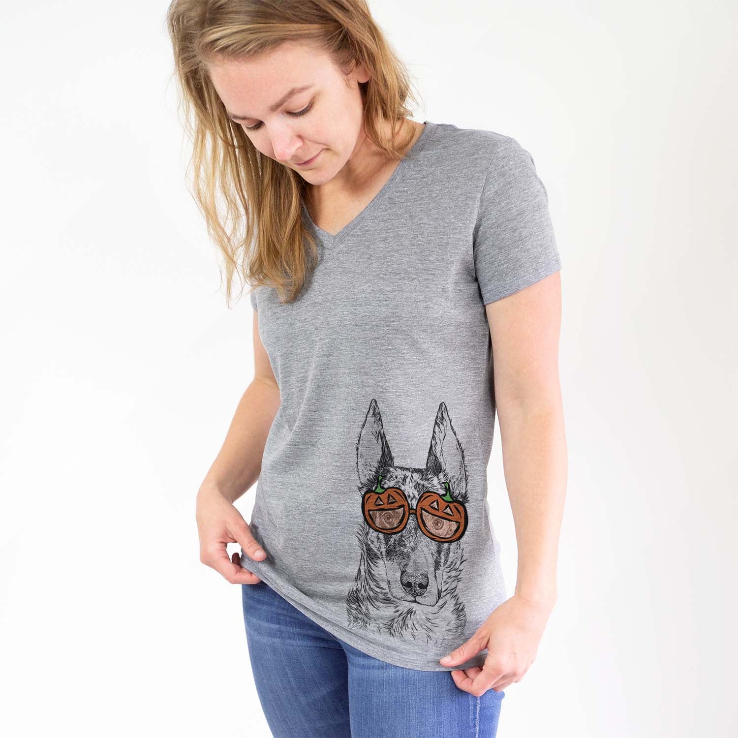 Hand-drawn sketch of Nori the Beauceron wearing pumpkin glasses on a Grey pumpkin collection