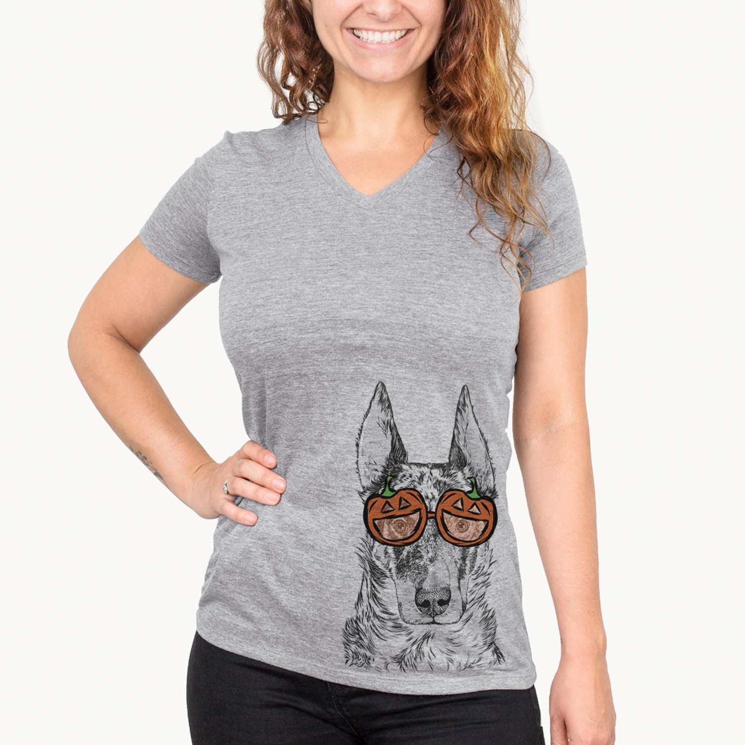 Hand-drawn sketch of Nori the Beauceron wearing pumpkin glasses on a Grey pumpkin collection