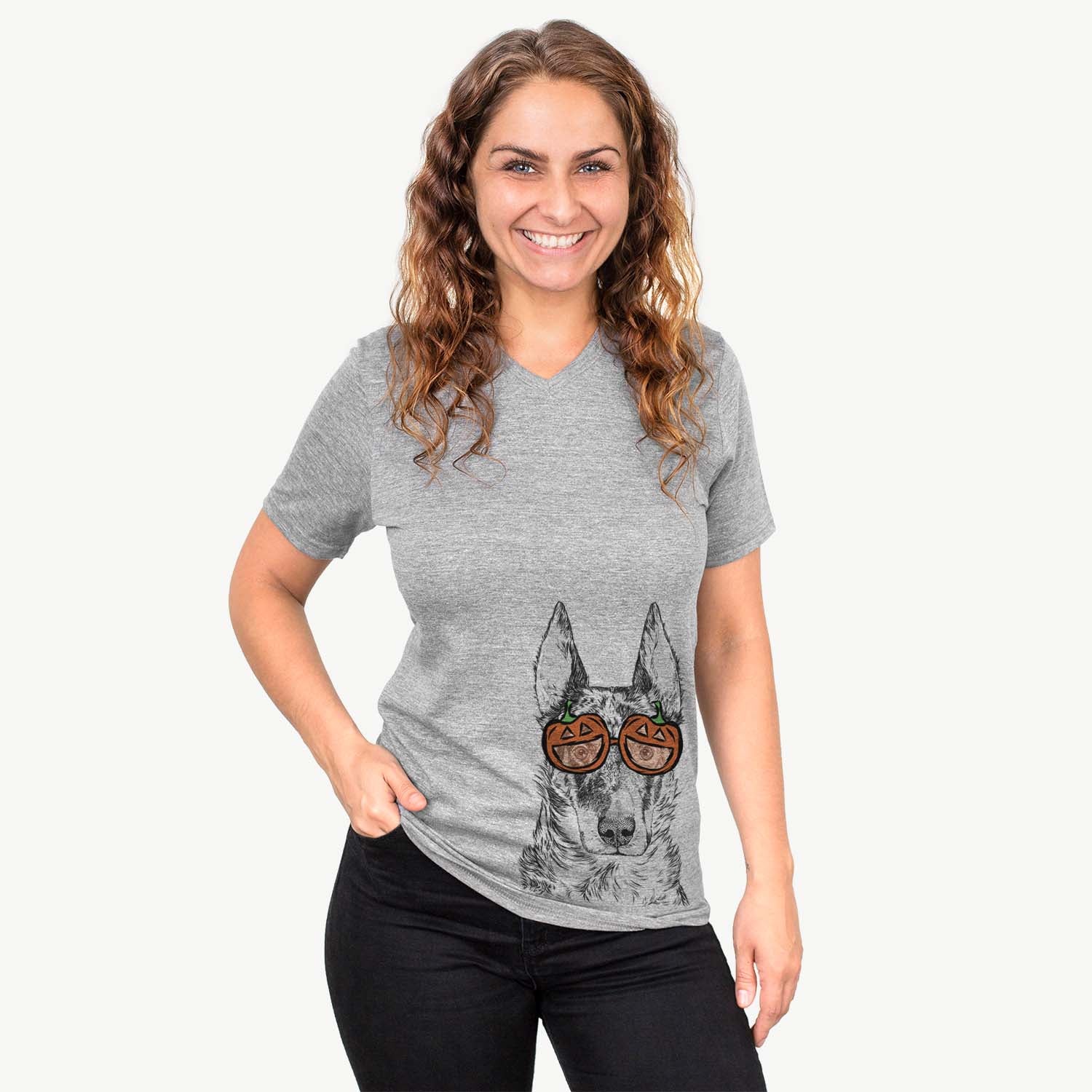 Hand-drawn sketch of Nori the Beauceron wearing pumpkin glasses on a Grey pumpkin collection