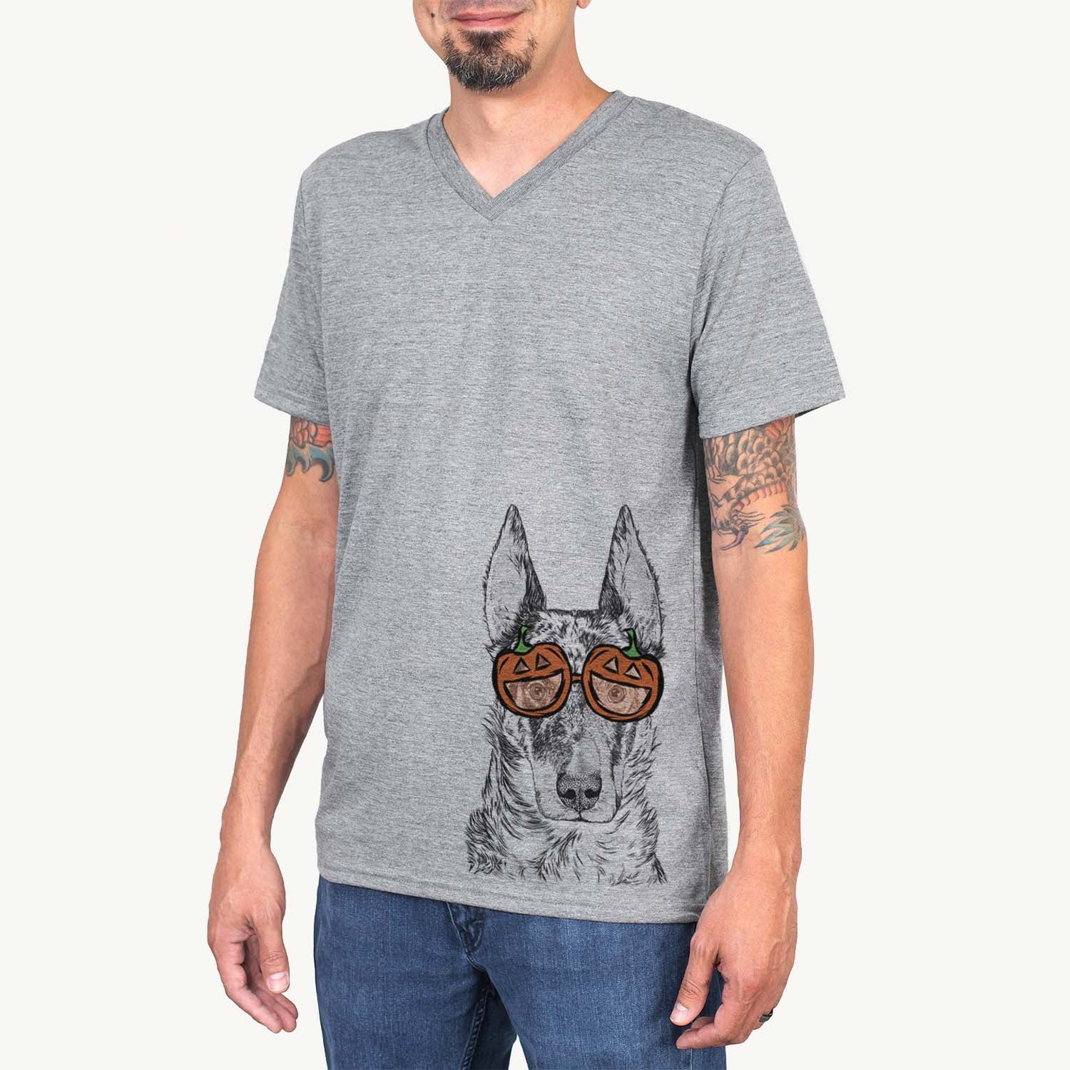Hand-drawn sketch of Nori the Beauceron wearing pumpkin glasses on a Grey pumpkin collection
