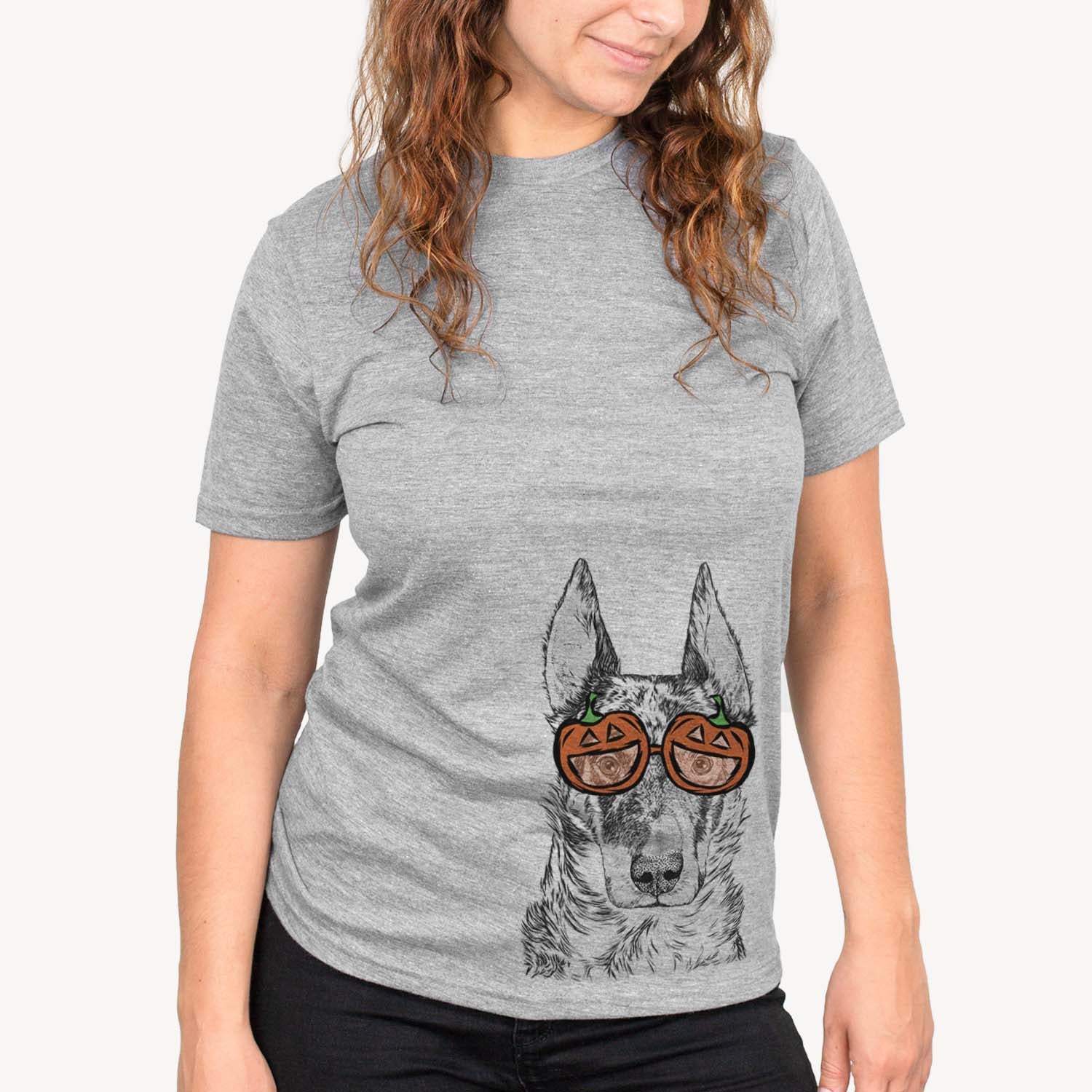 Hand-drawn sketch of Nori the Beauceron wearing pumpkin glasses on a Grey pumpkin collection, on a hanger