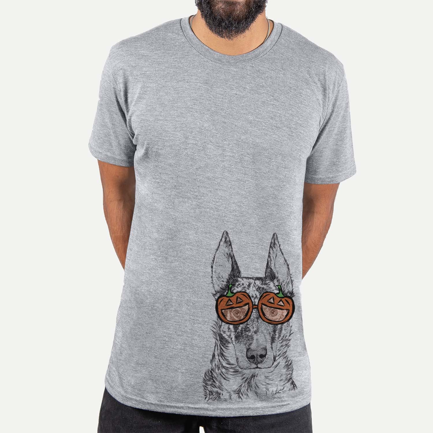 Hand-drawn sketch of Nori the Beauceron wearing pumpkin glasses on a Grey pumpkin collection, hanging on a wall
