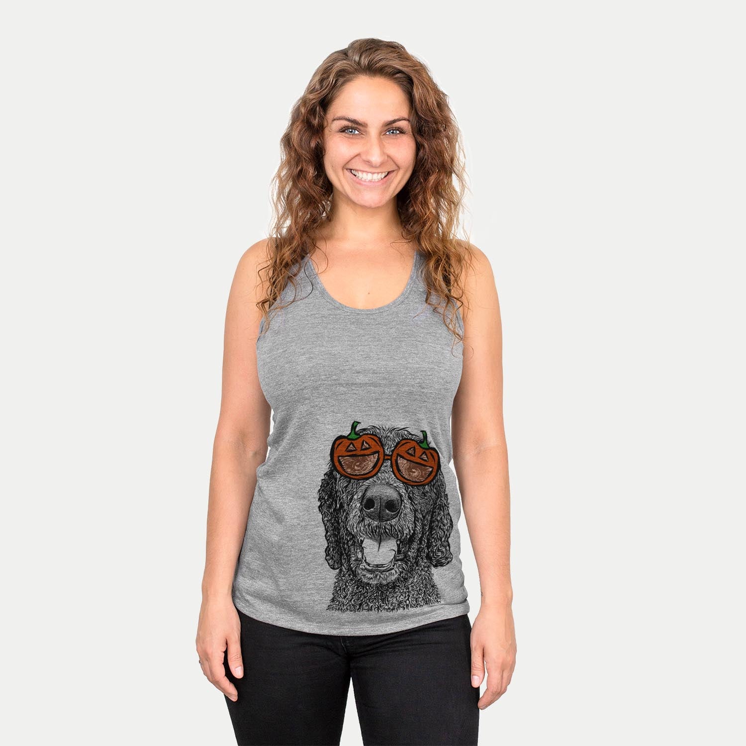Hand-drawn sketch of Obi James the Goldendoodle wearing pumpkin glasses on a Grey pumpkin collection