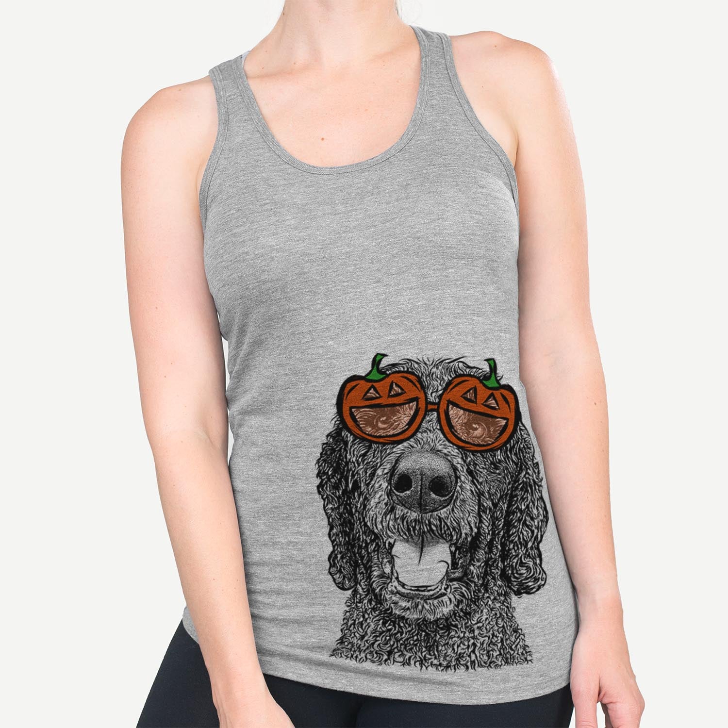 Hand-drawn sketch of Obi James the Goldendoodle wearing pumpkin glasses on a Grey pumpkin collection