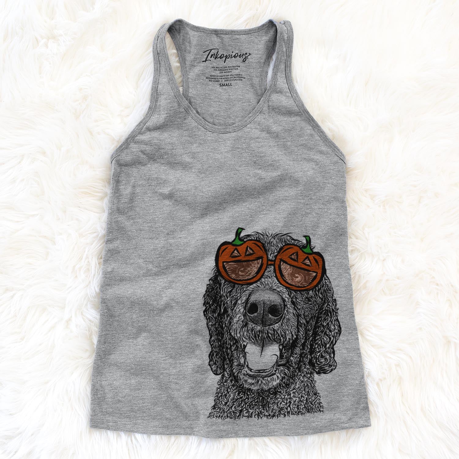 Hand-drawn sketch of Obi James the Goldendoodle wearing pumpkin glasses on a Grey pumpkin collection