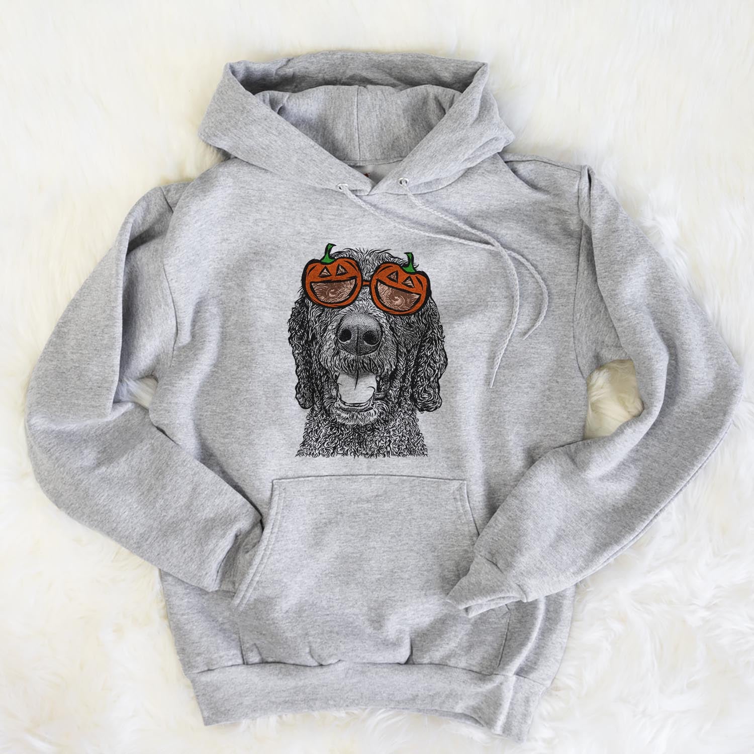 Hand-drawn sketch of Obi James the Goldendoodle wearing pumpkin glasses on a Grey pumpkin collection, flat lay