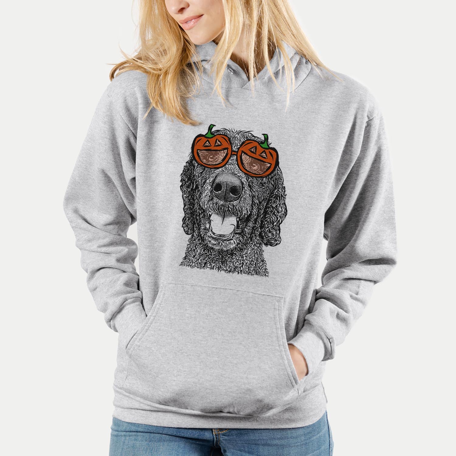 Hand-drawn sketch of Obi James the Goldendoodle wearing pumpkin glasses on a Grey pumpkin collection
