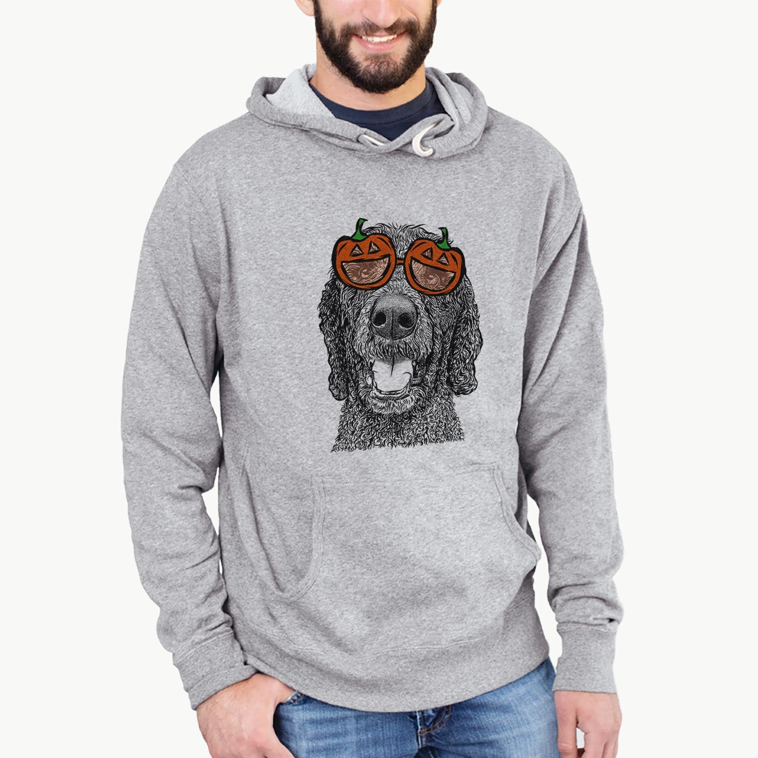 Hand-drawn sketch of Obi James the Goldendoodle wearing pumpkin glasses on a Grey pumpkin collection