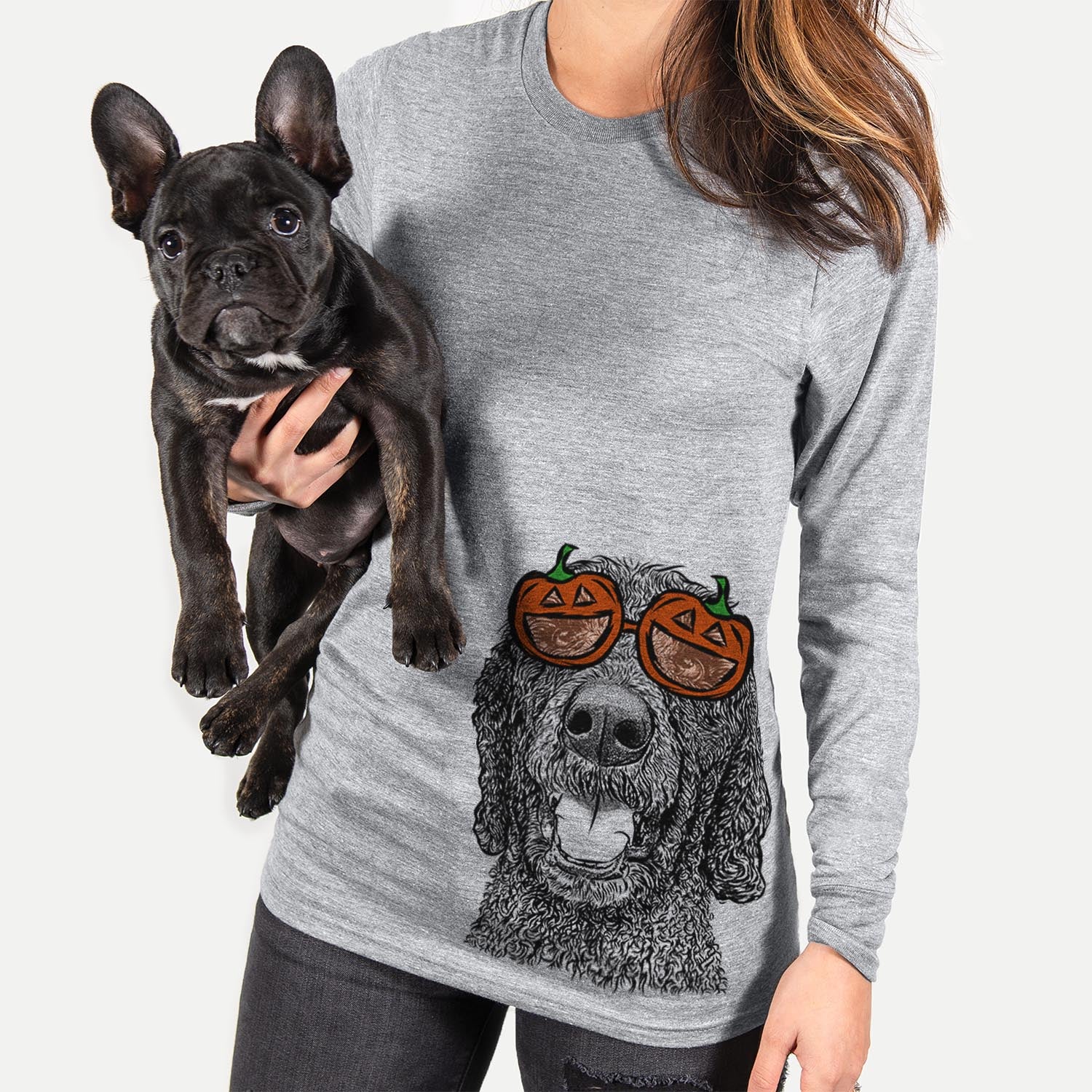 Hand-drawn sketch of Obi James the Goldendoodle wearing pumpkin glasses on a Grey pumpkin collection
