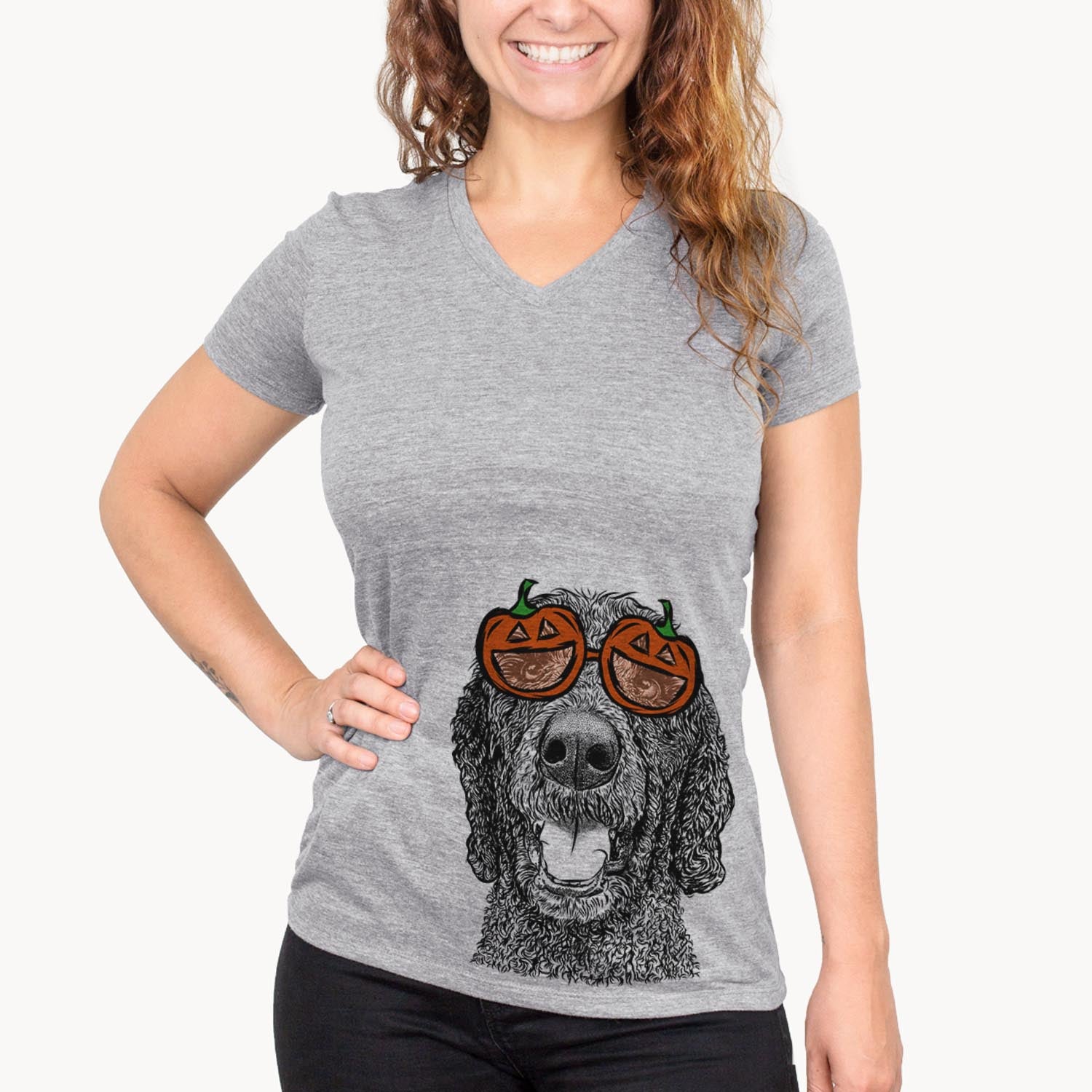 Hand-drawn sketch of Obi James the Goldendoodle wearing pumpkin glasses on a Grey pumpkin collection