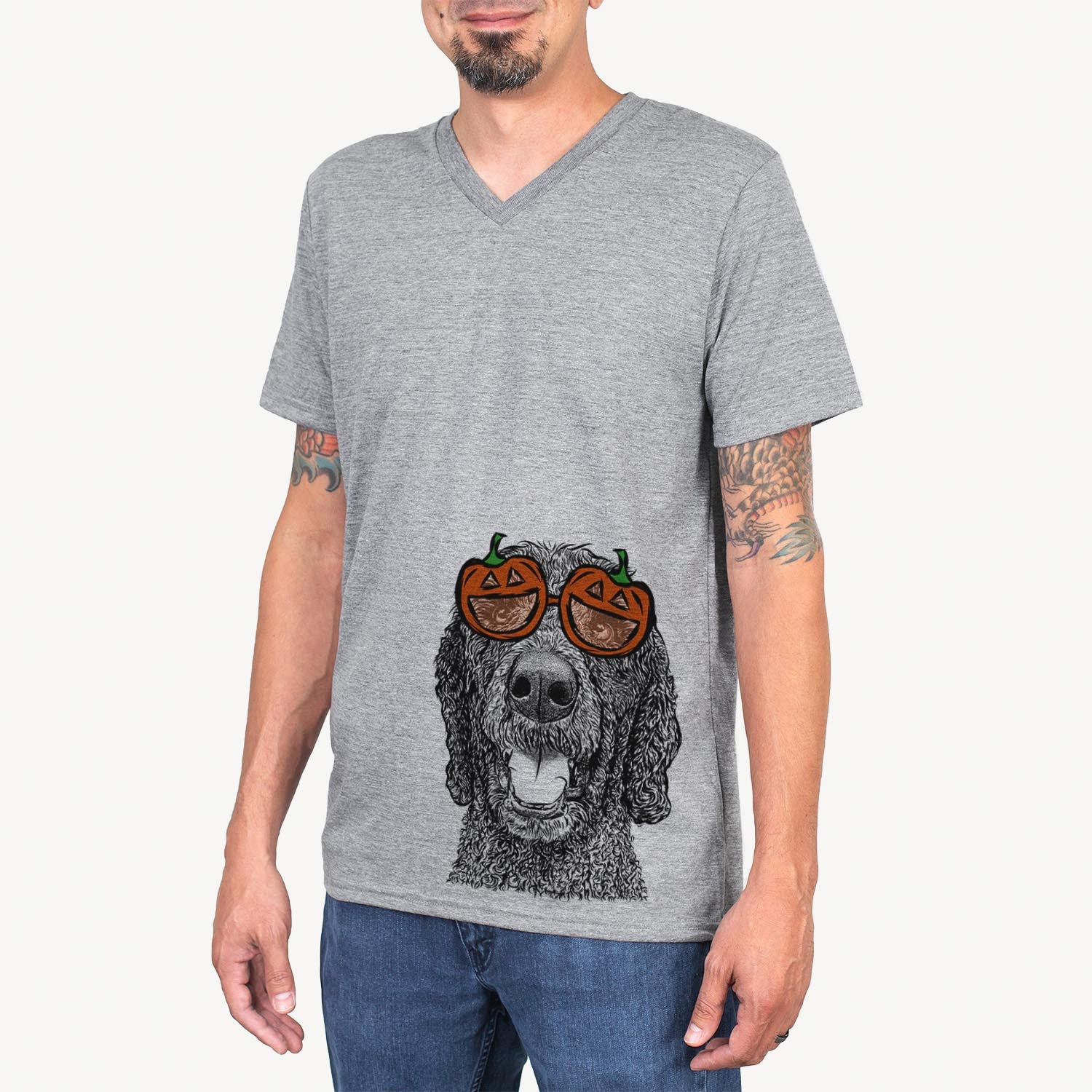 Hand-drawn sketch of Obi James the Goldendoodle wearing pumpkin glasses on a Grey pumpkin collection