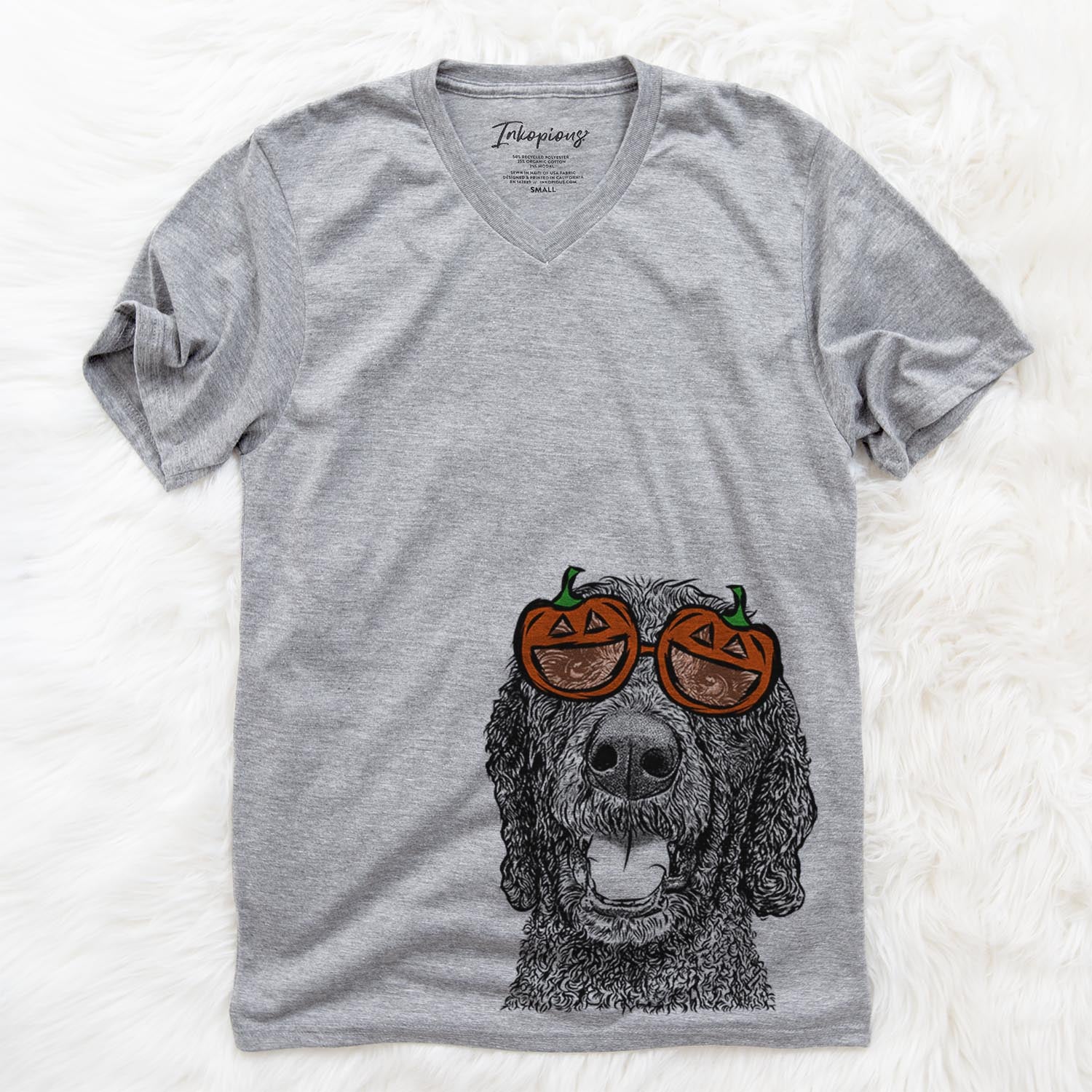 Hand-drawn sketch of Obi James the Goldendoodle wearing pumpkin glasses on a Grey pumpkin collection