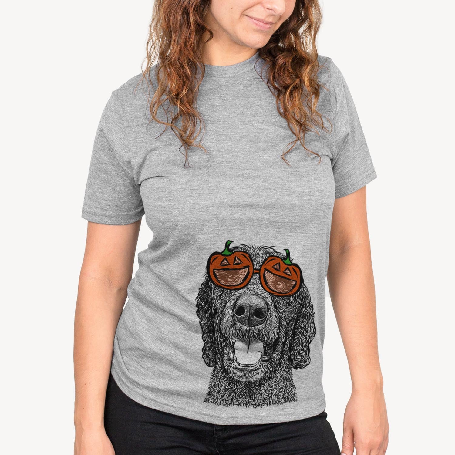 Hand-drawn sketch of Obi James the Goldendoodle wearing pumpkin glasses on a Grey pumpkin collection, on a hanger