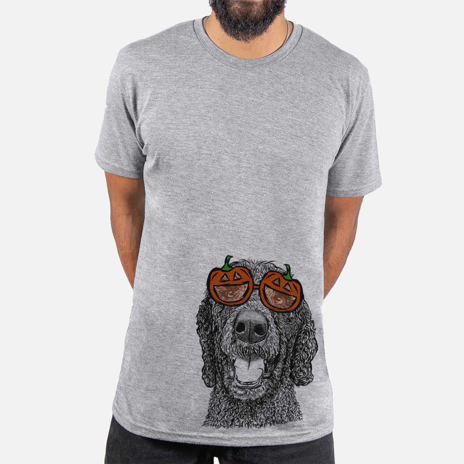 Hand-drawn sketch of Obi James the Goldendoodle wearing pumpkin glasses on a Grey pumpkin collection, hanging on a wall