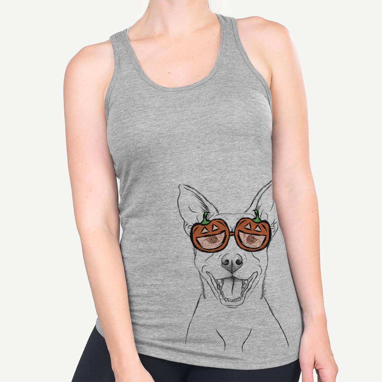 Hand-drawn sketch of Orange the Carolina Dog wearing pumpkin glasses on a Grey pumpkin collection