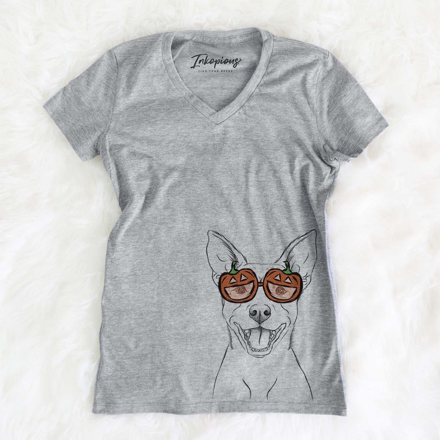 Hand-drawn sketch of Orange the Carolina Dog wearing pumpkin glasses on a Grey pumpkin collection, on a hanger