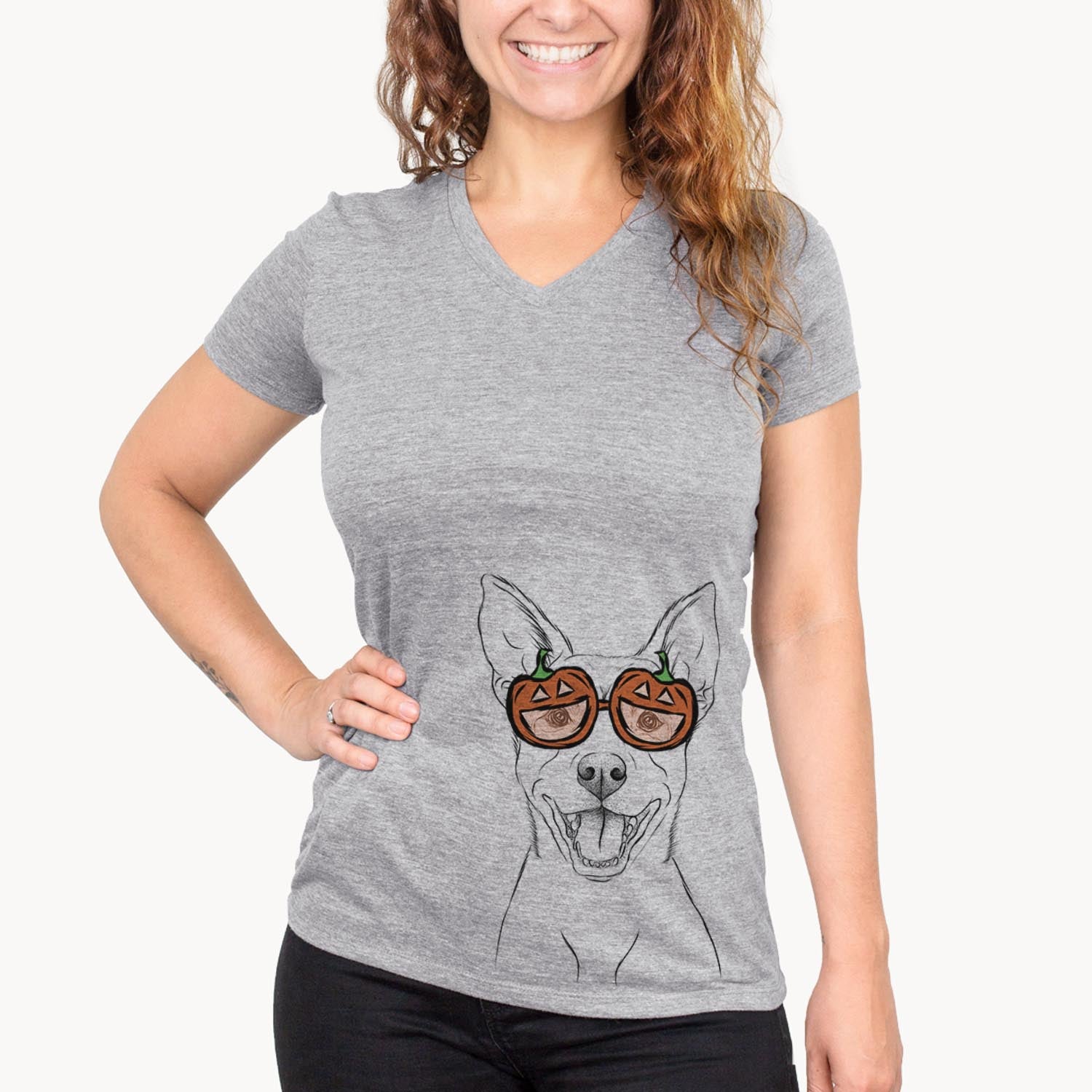 Hand-drawn sketch of Orange the Carolina Dog wearing pumpkin glasses on a Grey pumpkin collection