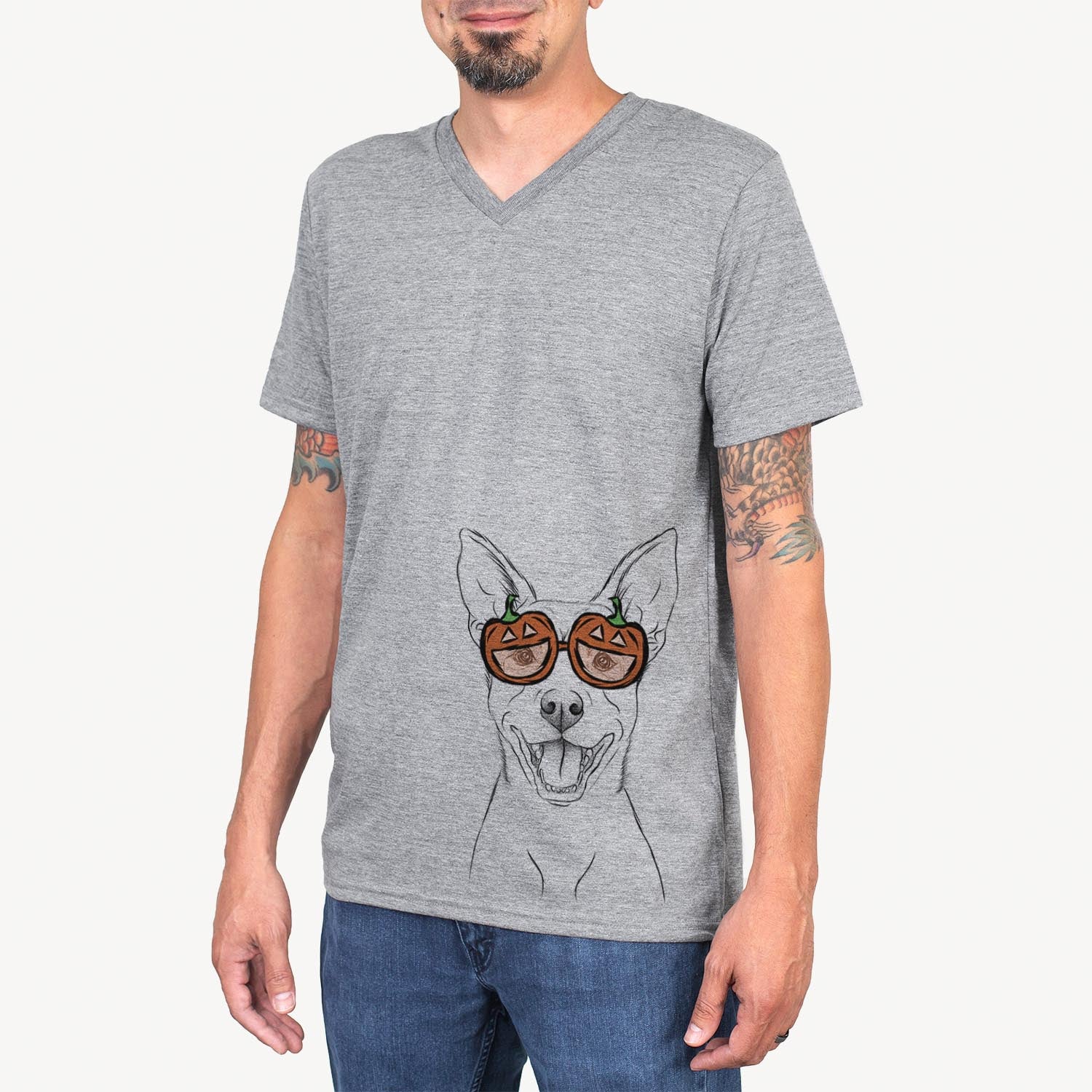 Hand-drawn sketch of Orange the Carolina Dog wearing pumpkin glasses on a Grey pumpkin collection