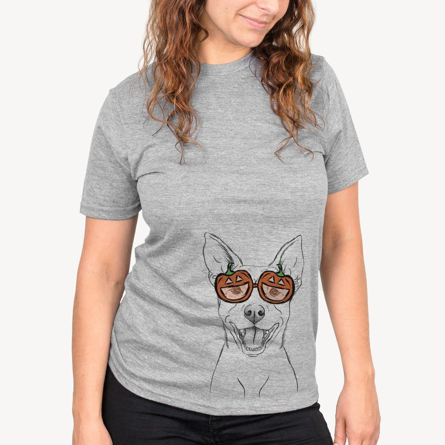 Hand-drawn sketch of Orange the Carolina Dog wearing pumpkin glasses on a Grey pumpkin collection, on a hanger