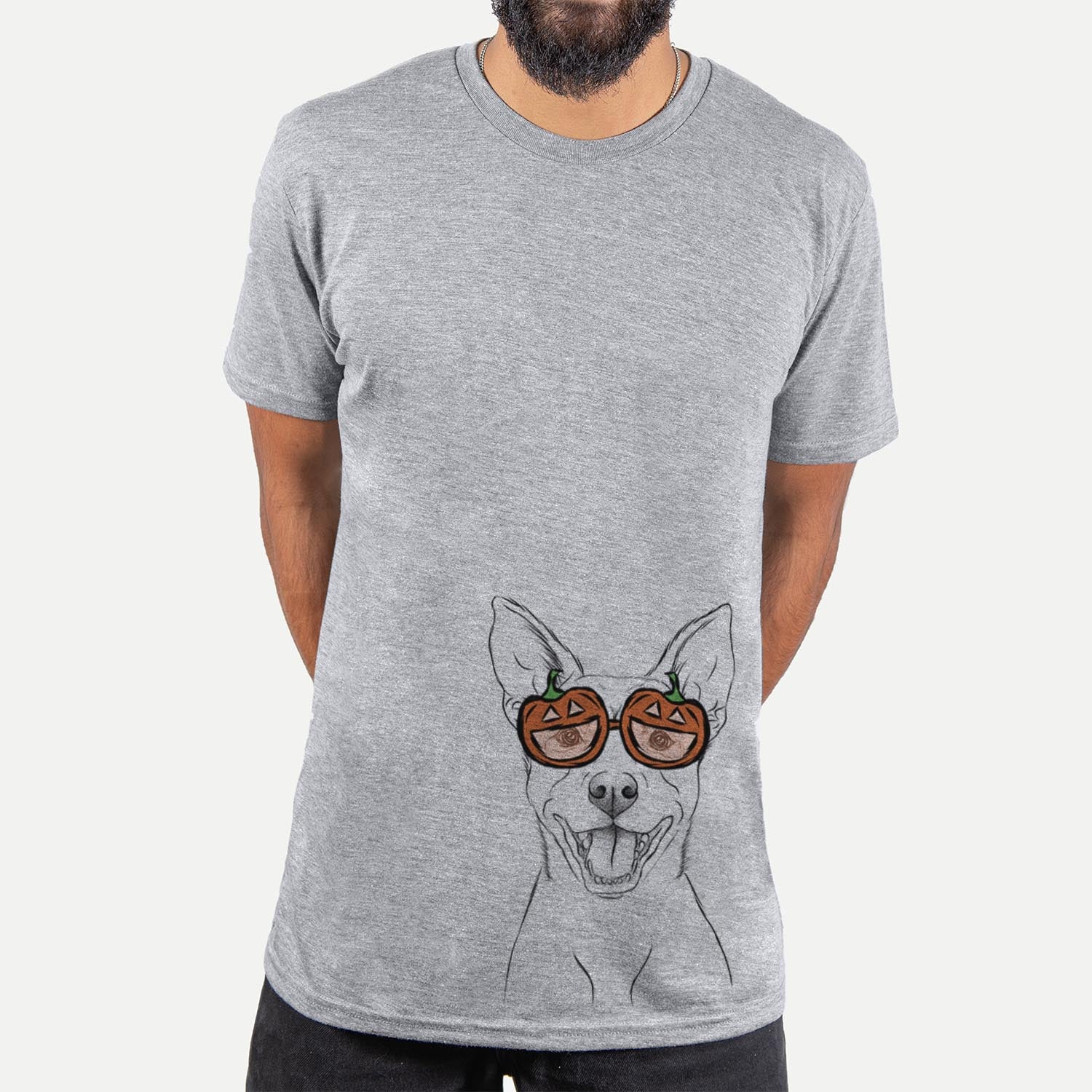 Hand-drawn sketch of Orange the Carolina Dog wearing pumpkin glasses on a Grey pumpkin collection, hanging on a wall