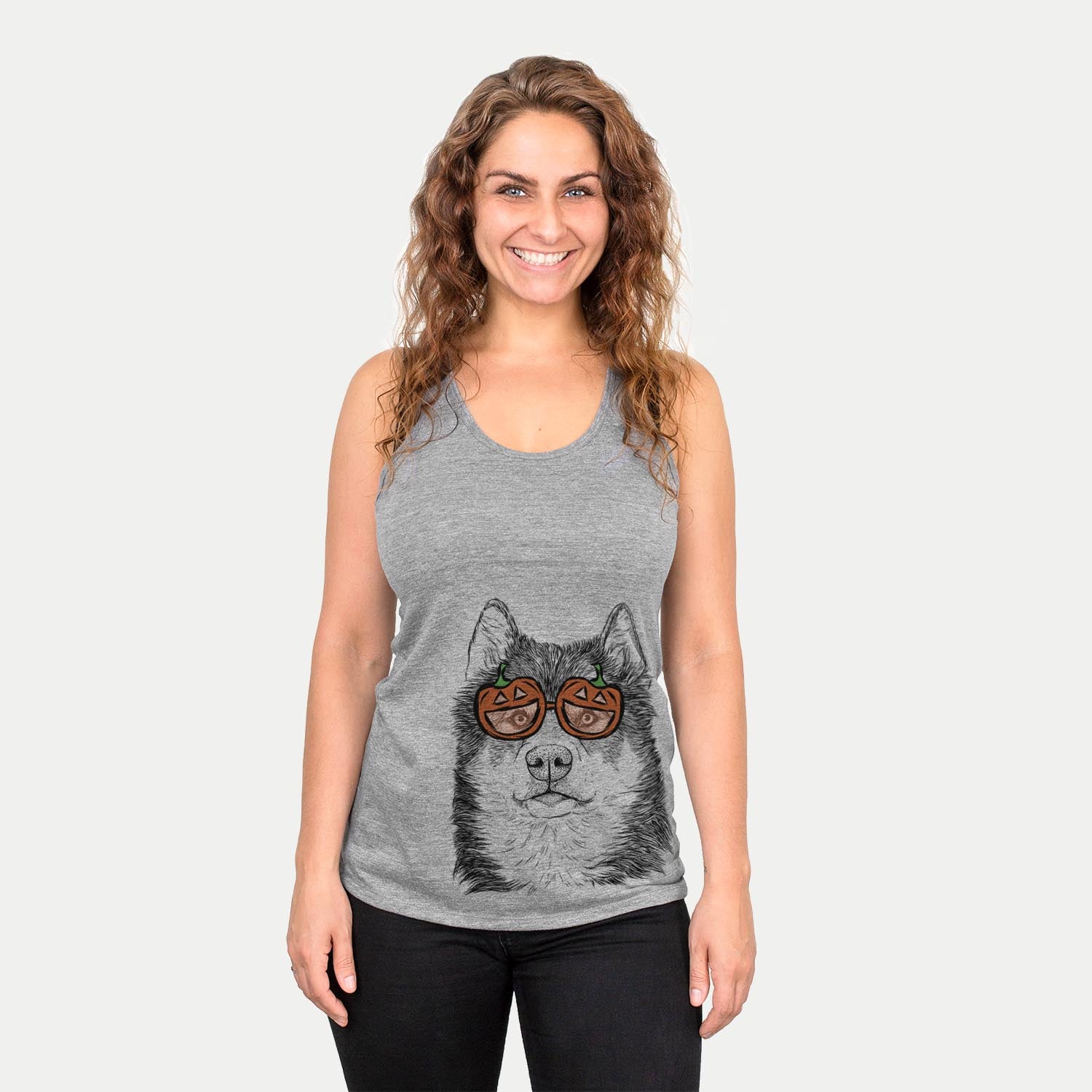 Hand-drawn sketch of Oskar the Candian Eskimo Dog wearing pumpkin glasses on a Grey pumpkin collection