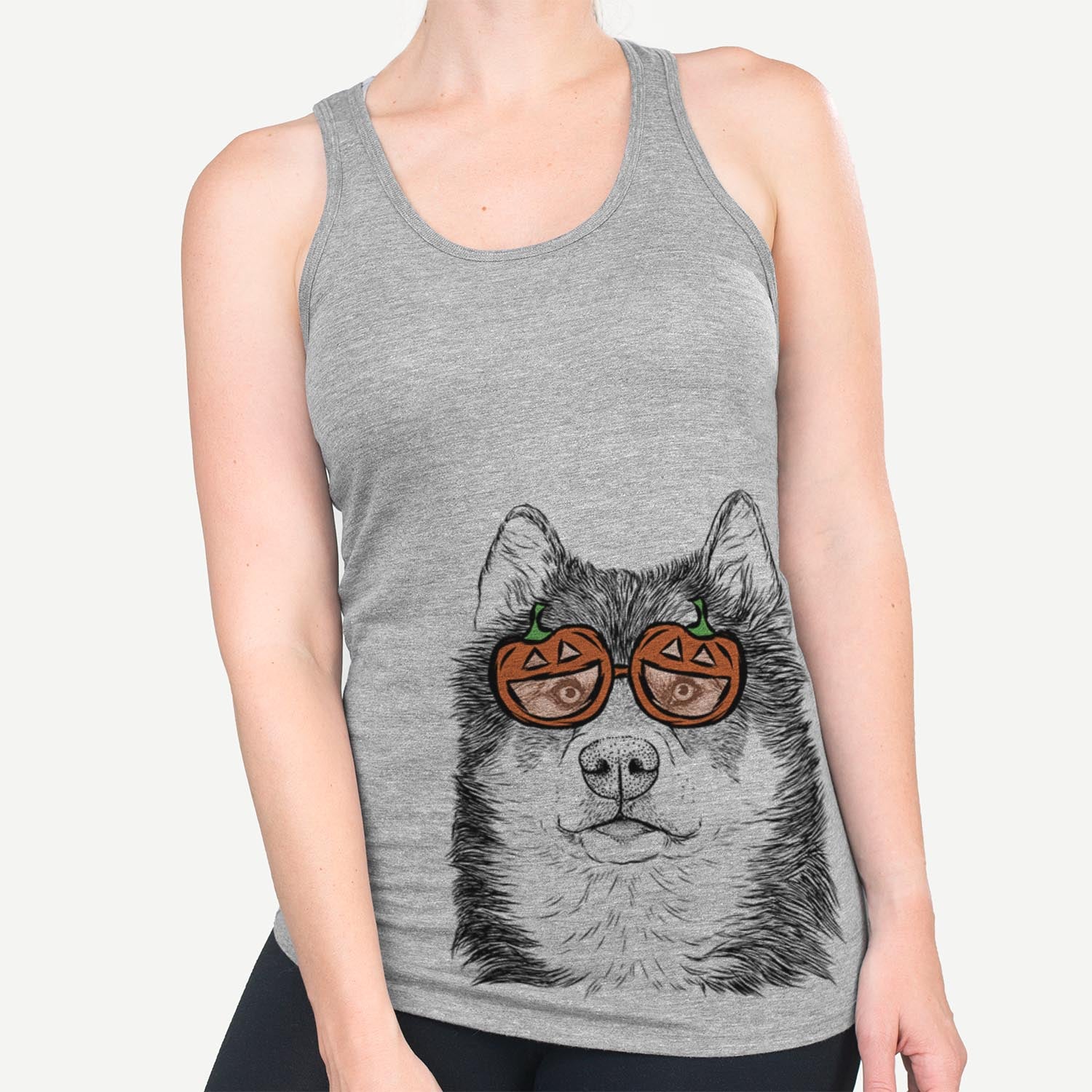 Hand-drawn sketch of Oskar the Candian Eskimo Dog wearing pumpkin glasses on a Grey pumpkin collection
