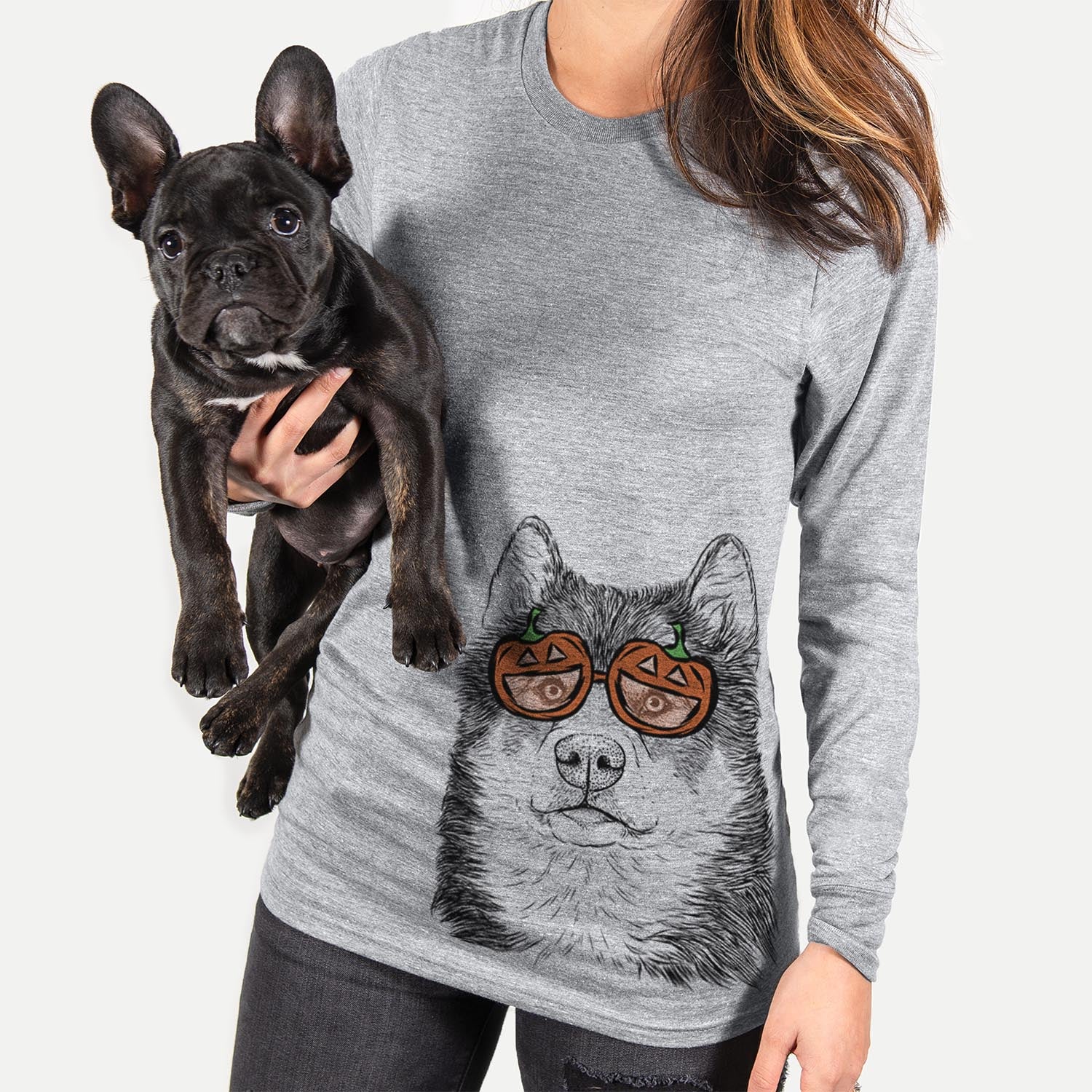 Hand-drawn sketch of Oskar the Candian Eskimo Dog wearing pumpkin glasses on a Grey pumpkin collection