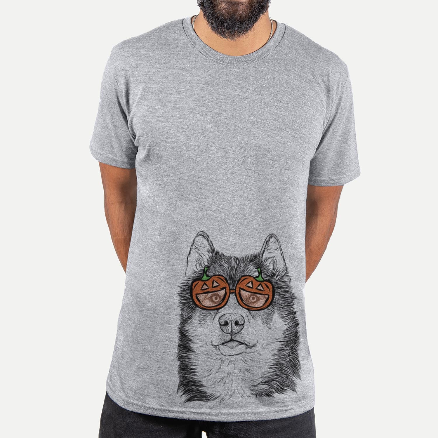 Hand-drawn sketch of Oskar the Candian Eskimo Dog wearing pumpkin glasses on a Grey pumpkin collection, hanging on a wall