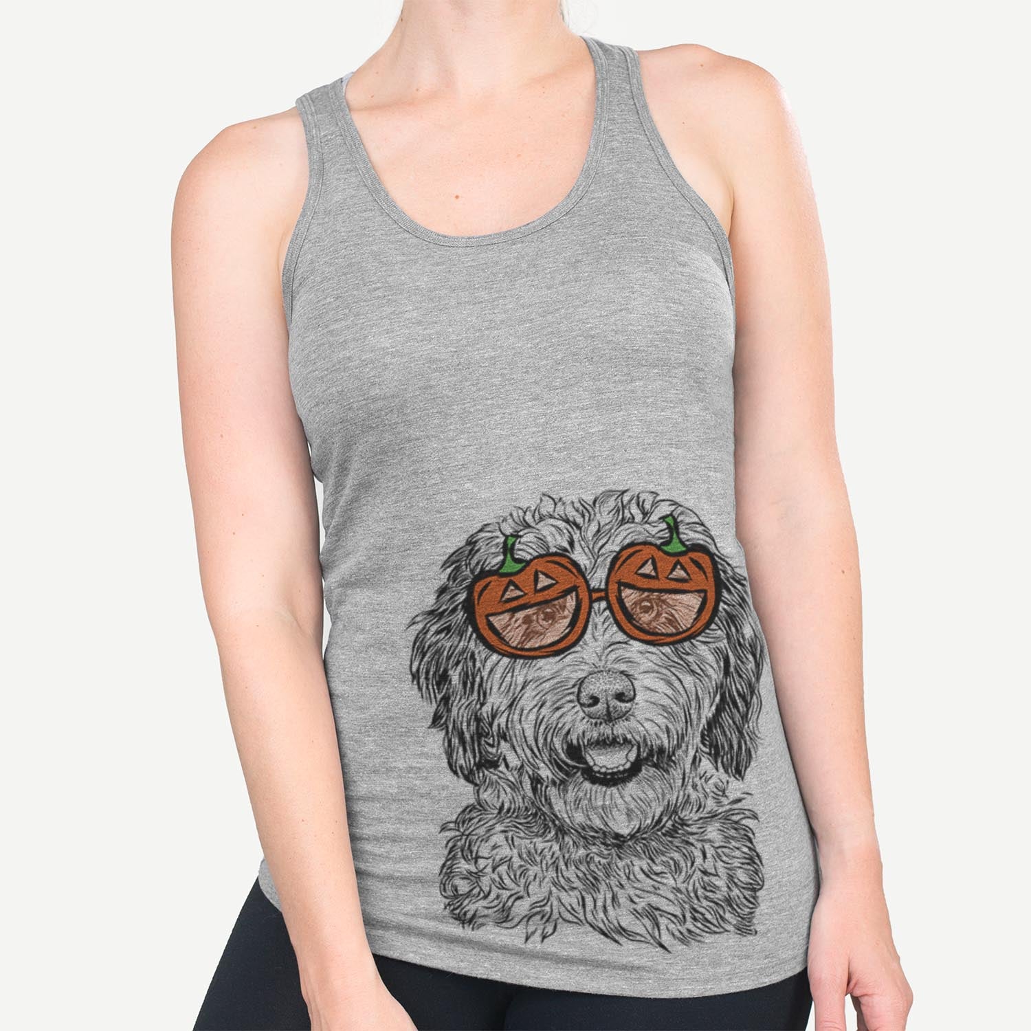 Hand-drawn sketch of Palmer the Aussiedoodle wearing pumpkin glasses on a Palmer Doodle pumpkin collection