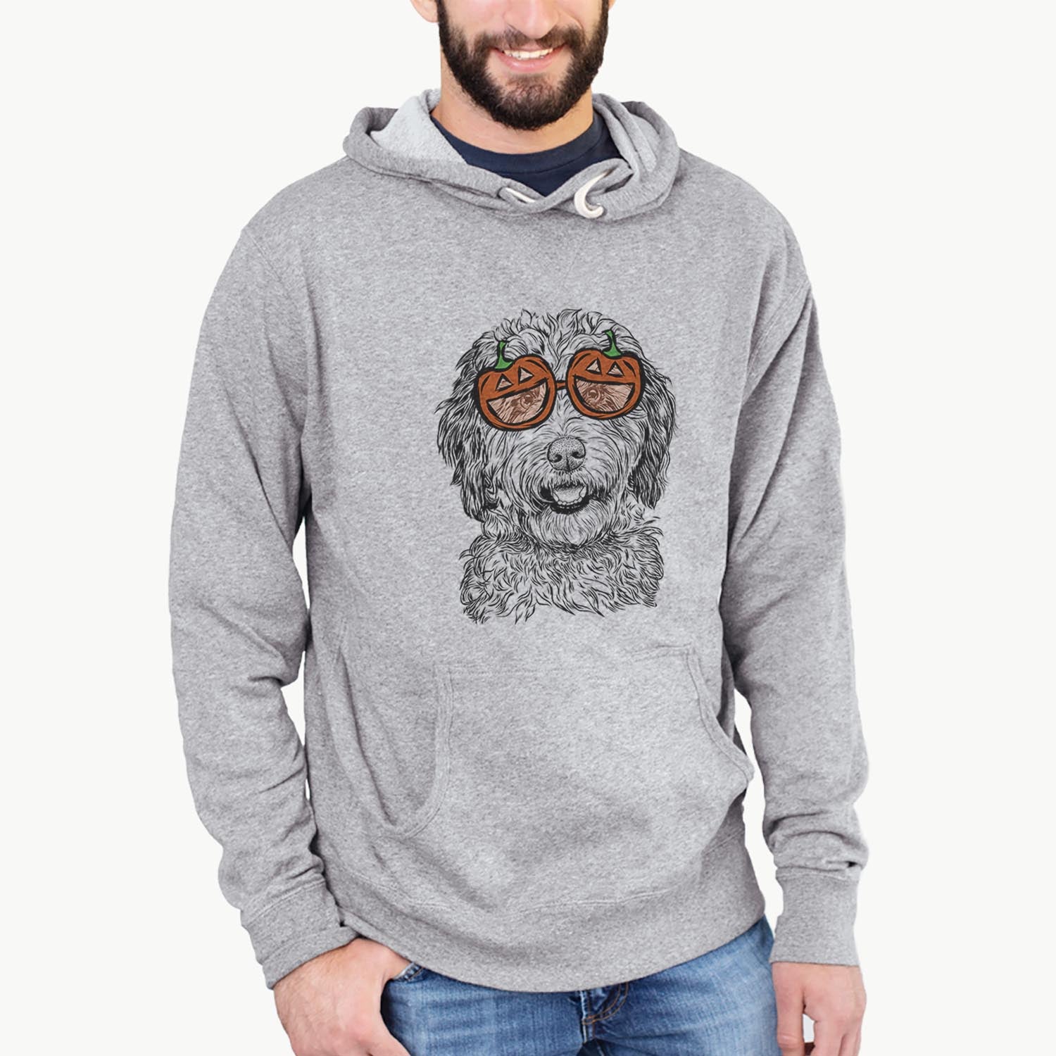 Hand-drawn sketch of Palmer the Aussiedoodle wearing pumpkin glasses on a Palmer Doodle pumpkin collection