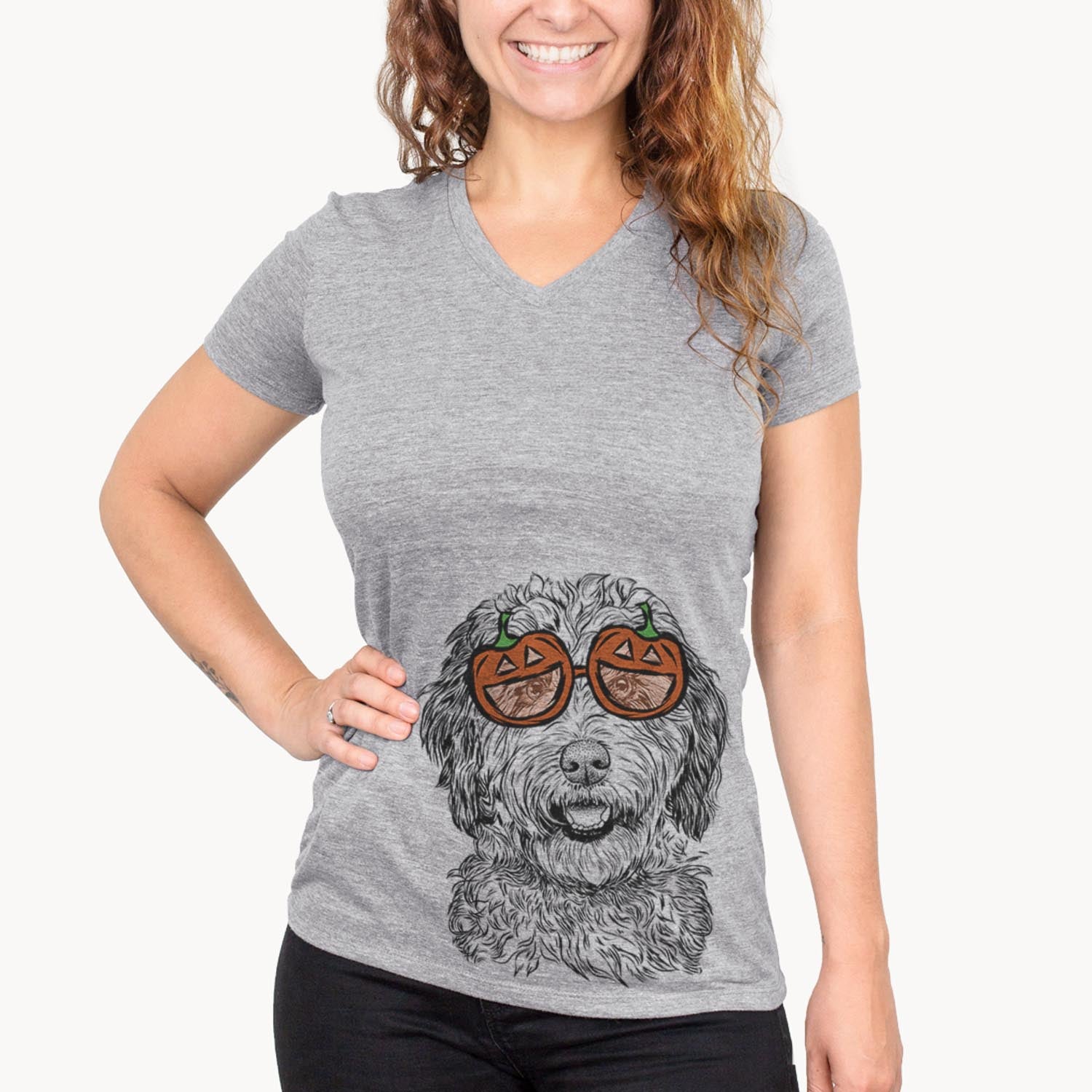 Hand-drawn sketch of Palmer the Aussiedoodle wearing pumpkin glasses on a Palmer Doodle pumpkin collection