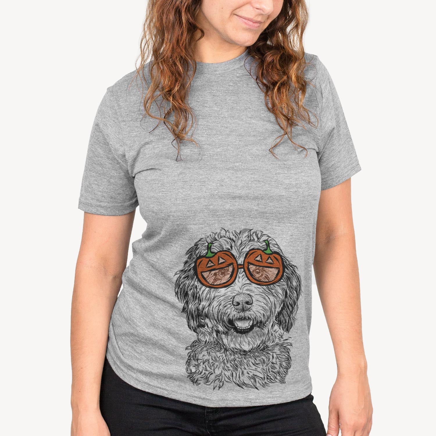 Hand-drawn sketch of Palmer the Aussiedoodle wearing pumpkin glasses on a Palmer Doodle pumpkin collection, on a hanger