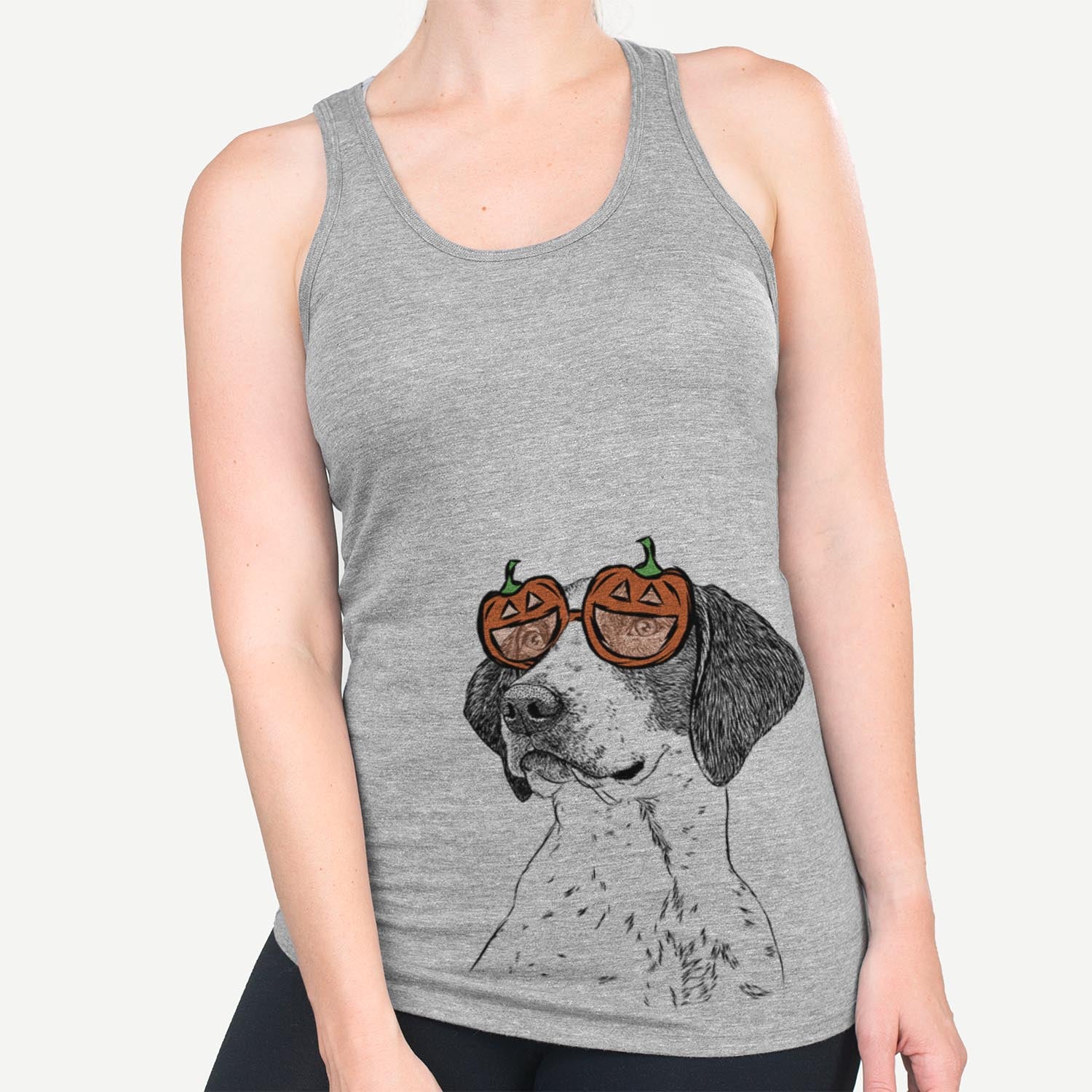 Hand-drawn sketch of Payton the Mixed Breed wearing pumpkin glasses on a Grey pumpkin collection