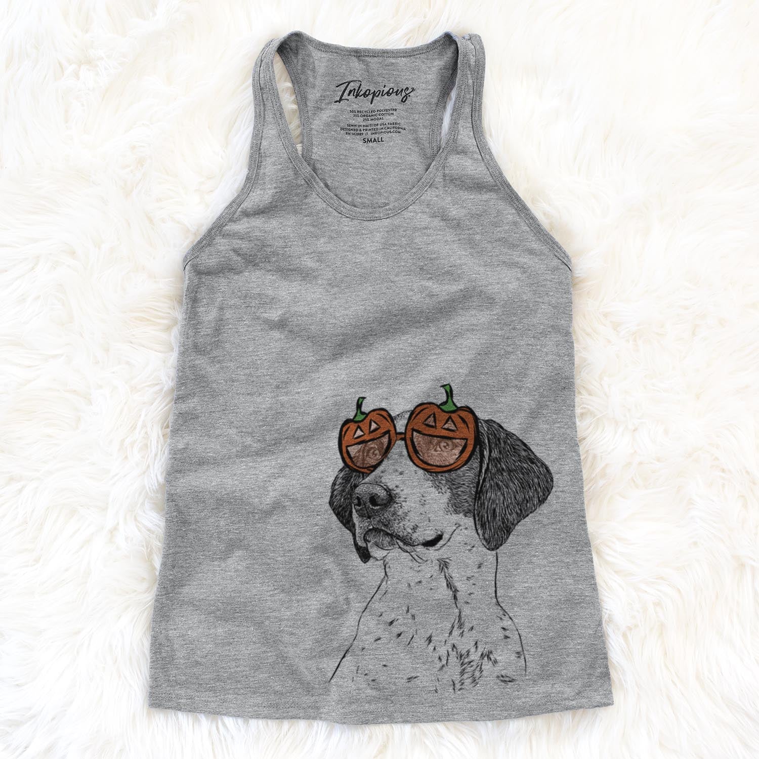 Hand-drawn sketch of Payton the Mixed Breed wearing pumpkin glasses on a Grey pumpkin collection