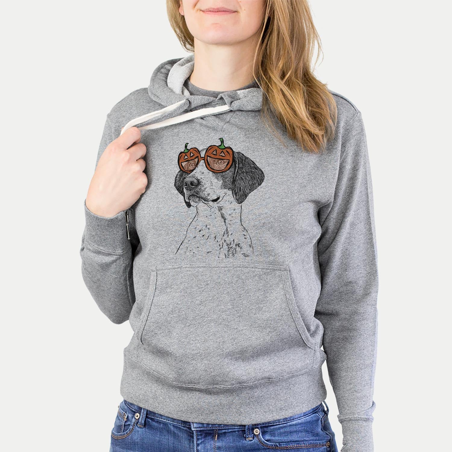 Hand-drawn sketch of Payton the Mixed Breed wearing pumpkin glasses on a Grey pumpkin collection, hanging on a wall