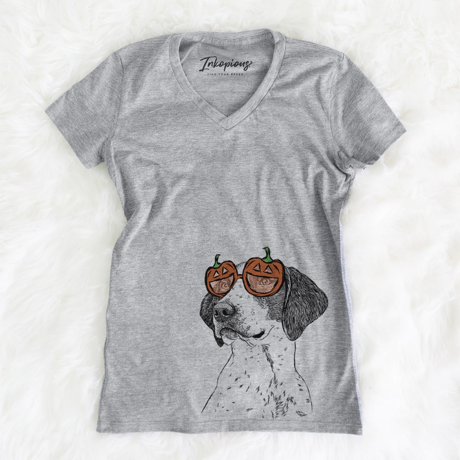 Hand-drawn sketch of Payton the Mixed Breed wearing pumpkin glasses on a Grey pumpkin collection, on a hanger