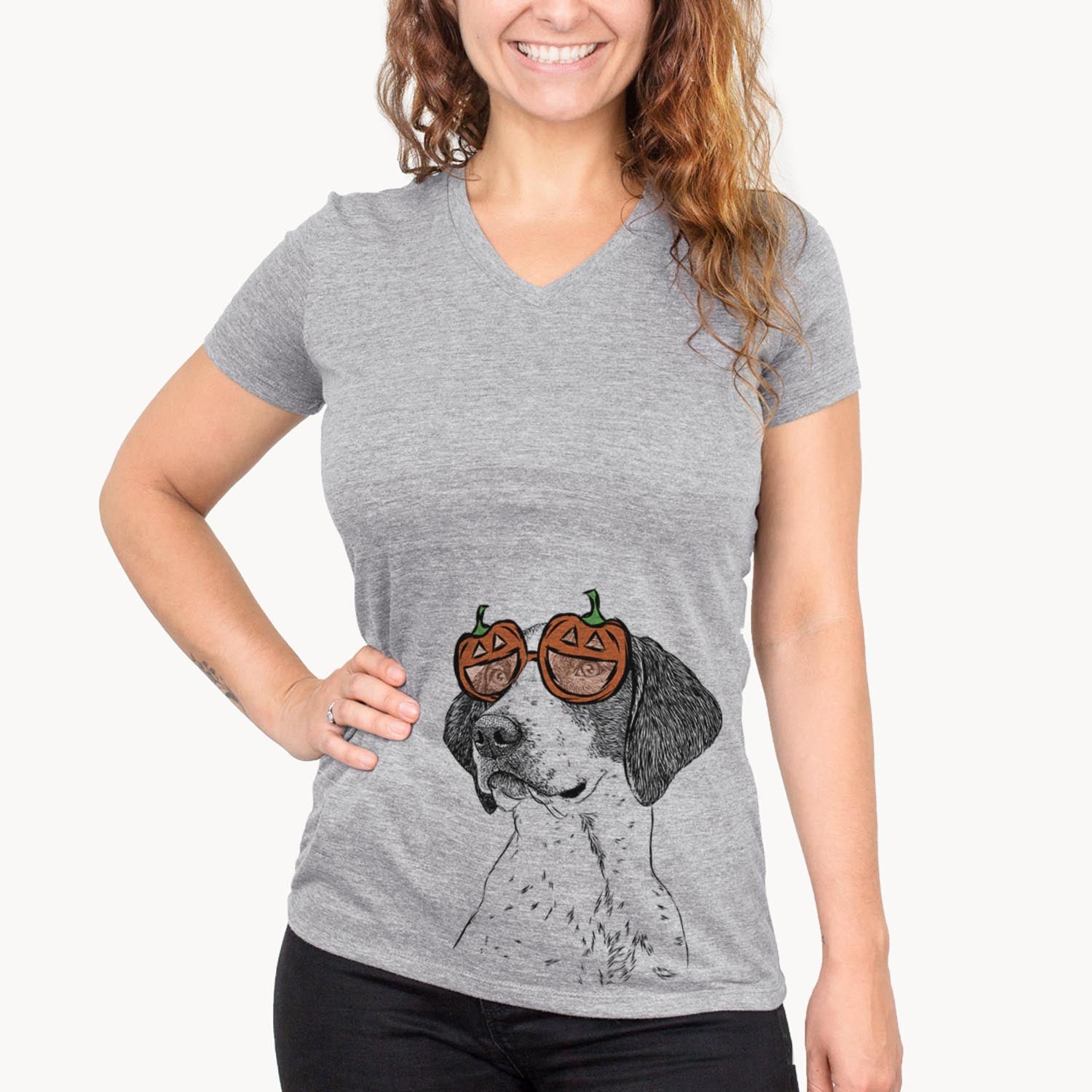 Hand-drawn sketch of Payton the Mixed Breed wearing pumpkin glasses on a Grey pumpkin collection