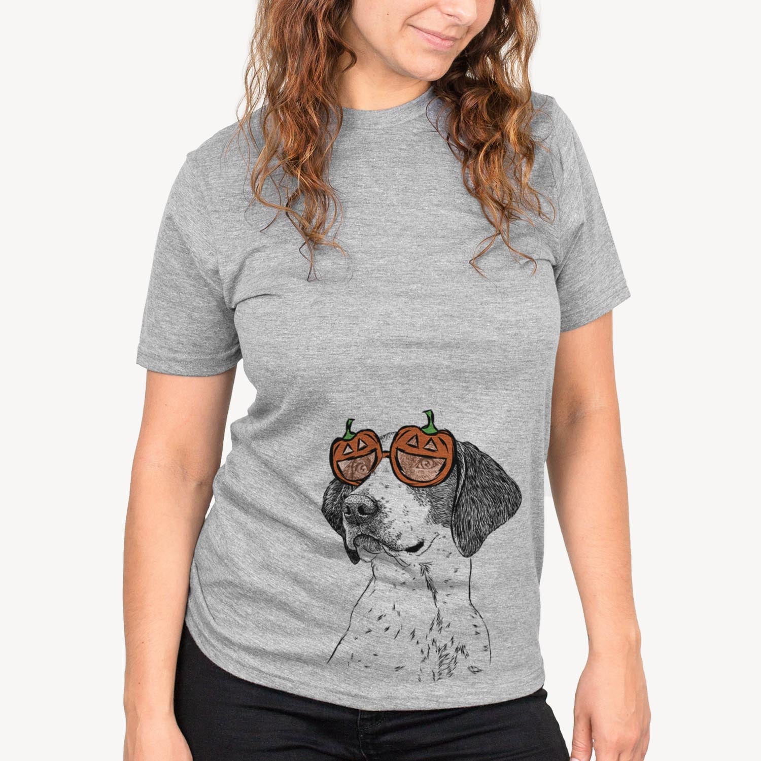 Hand-drawn sketch of Payton the Mixed Breed wearing pumpkin glasses on a Grey pumpkin collection, on a hanger