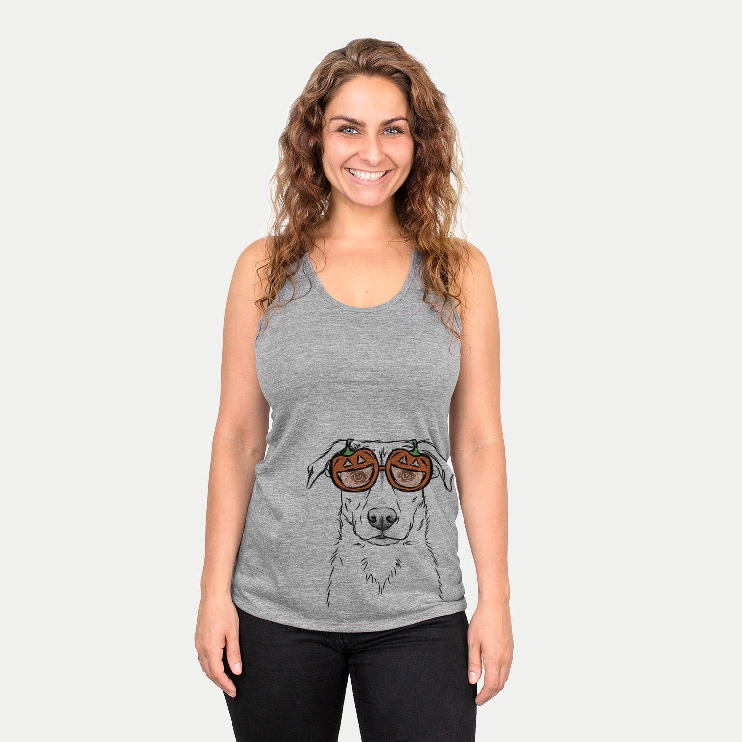 Hand-drawn sketch of Peanut the Lab Mix wearing pumpkin glasses on a Grey pumpkin collection