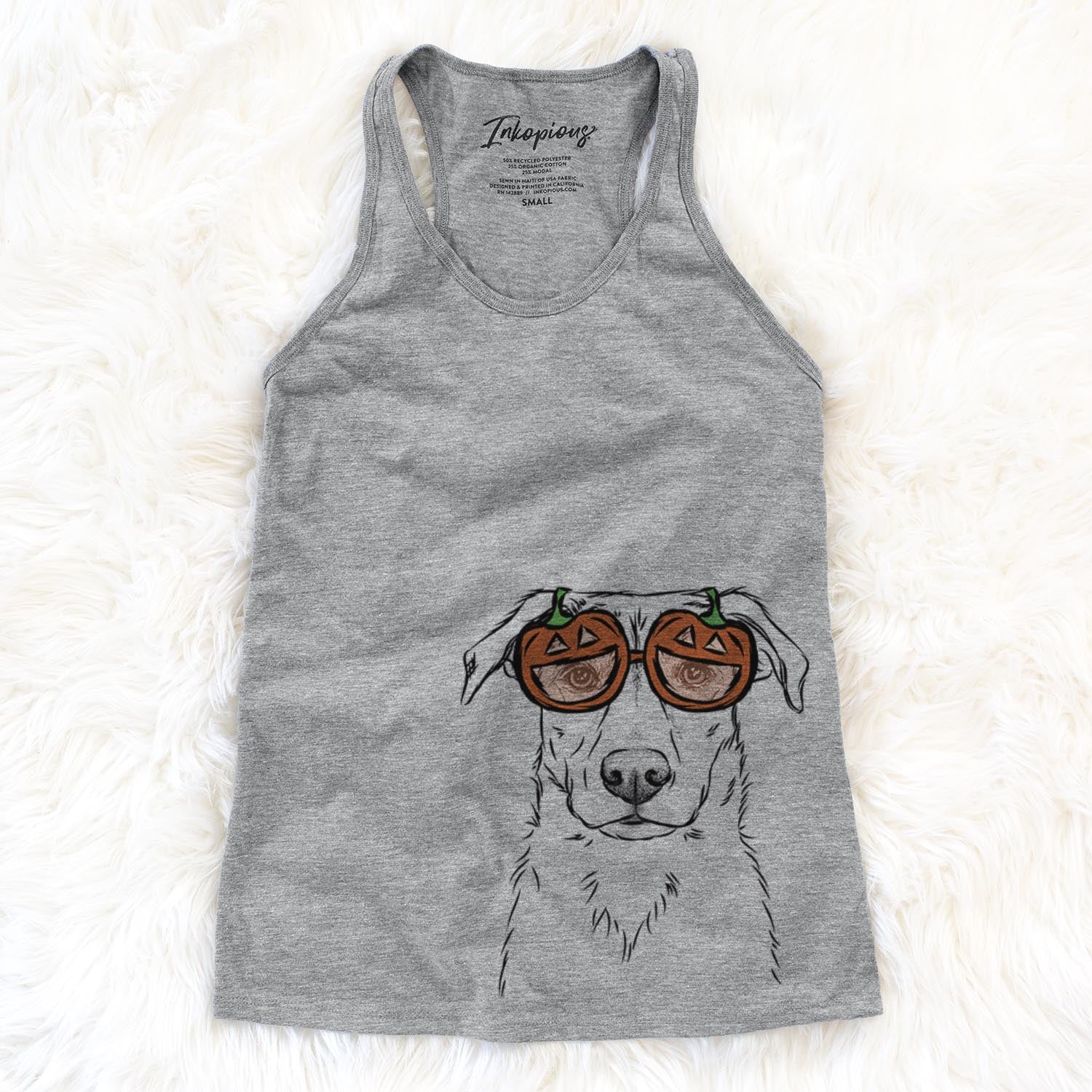 Hand-drawn sketch of Peanut the Lab Mix wearing pumpkin glasses on a Grey pumpkin collection