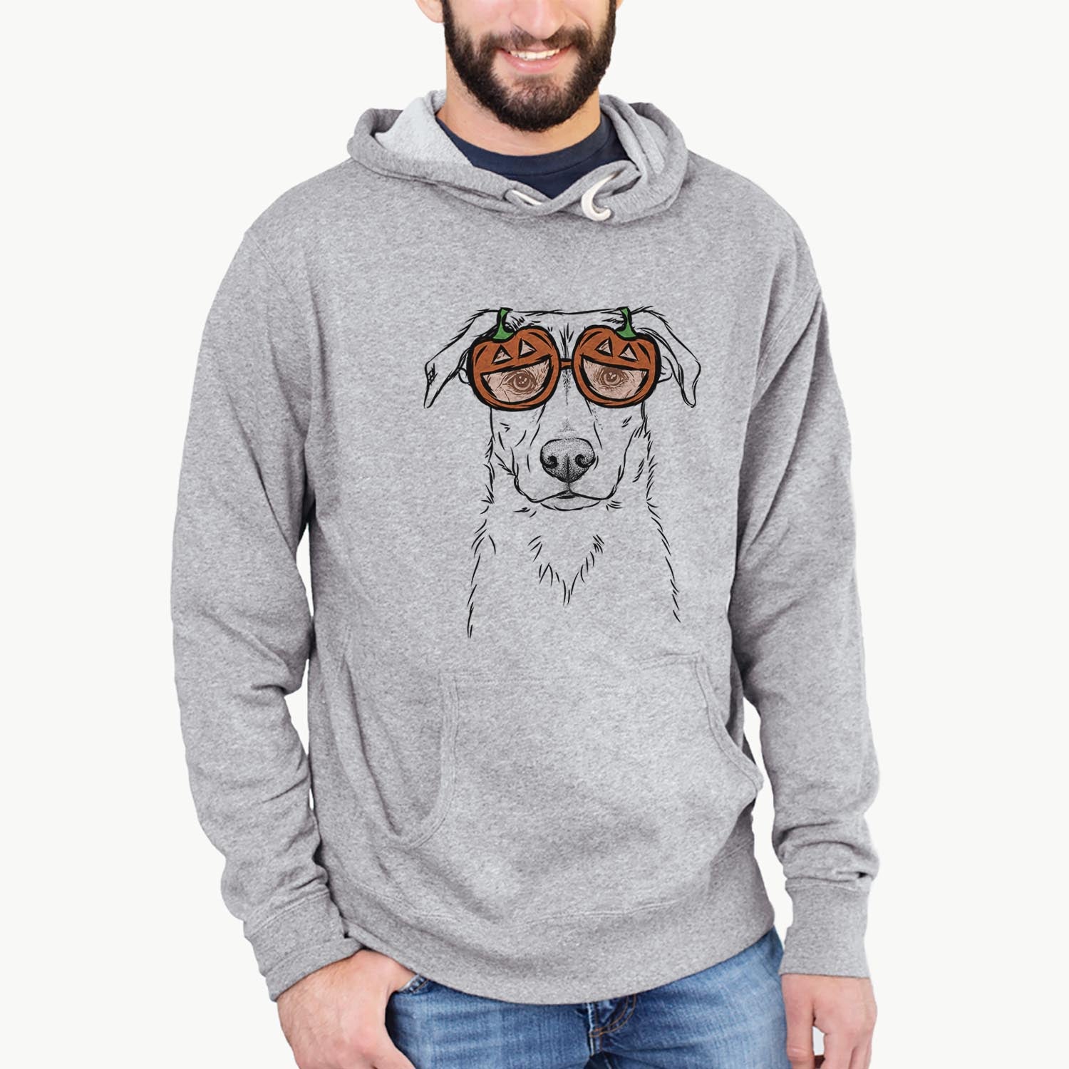 Hand-drawn sketch of Peanut the Lab Mix wearing pumpkin glasses on a Grey pumpkin collection