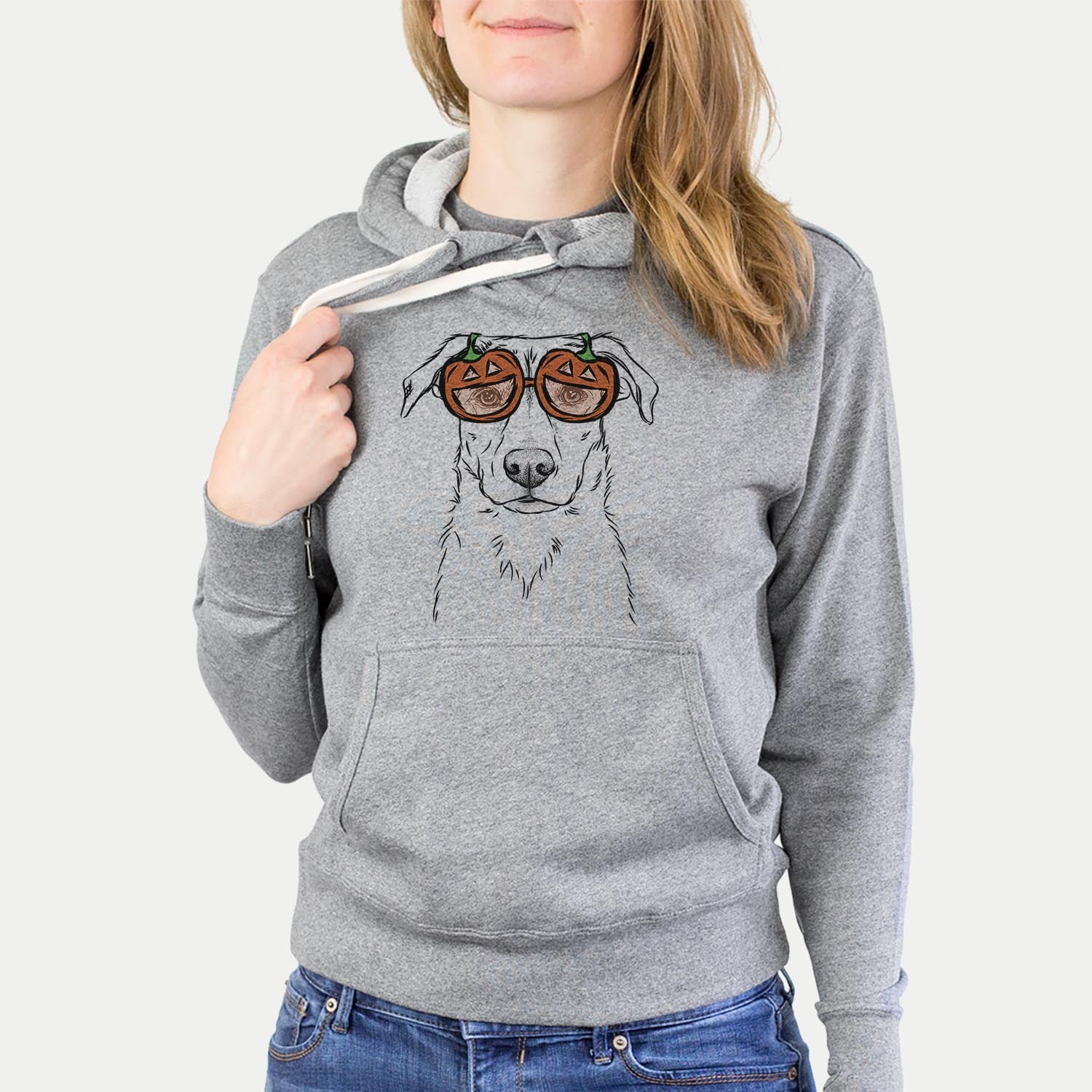 Hand-drawn sketch of Peanut the Lab Mix wearing pumpkin glasses on a Grey pumpkin collection, hanging on a wall